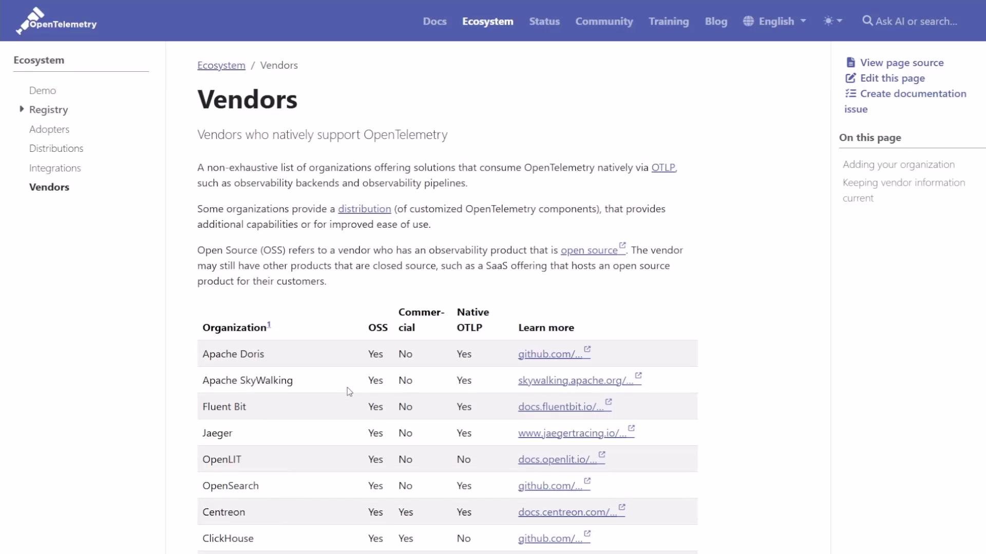 The image shows a webpage listing vendors that support OpenTelemetry, including a table with organizations and information about their open-source status and support for native OTLP.