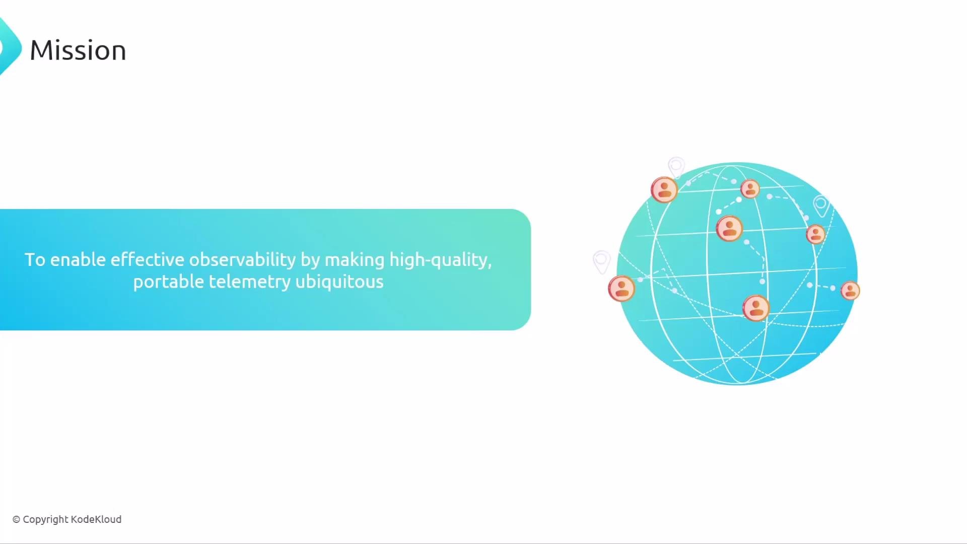 The image features a mission statement about enabling effective observability with high-quality telemetry, alongside a globe graphic with connected user icons.