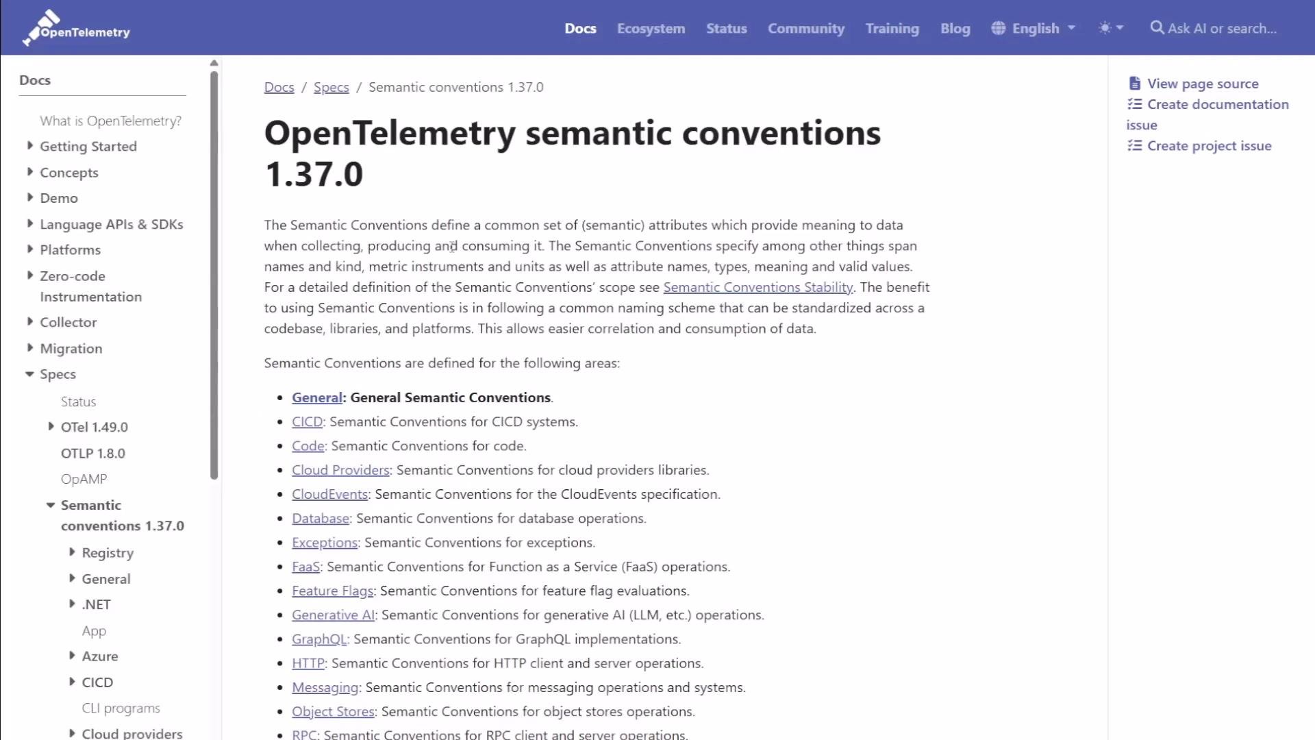 The image shows a webpage from the OpenTelemetry documentation detailing the semantic conventions version 1.37.0, including a list of areas where these conventions are defined, such as CICD, Cloud Providers, and GraphQL.