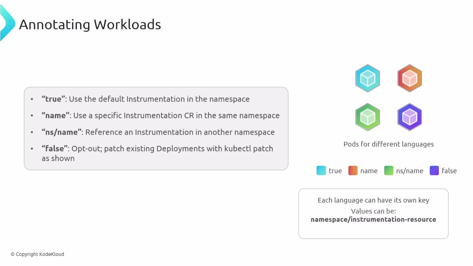 The image titled "Annotating Workloads" provides guidelines on using annotations for instrumentation in different namespaces, with a color-coded legend for pods representing true, name, ns/name, and false values.