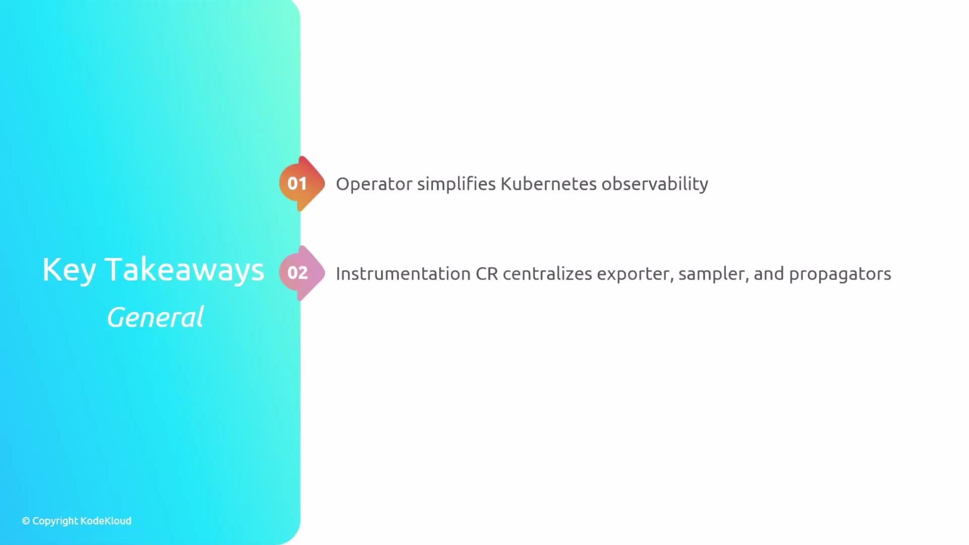 The image presents key takeaways about Kubernetes observability, highlighting the role of operators and instrumentation in centralizing various components. The design features a gradient background with numbered points.