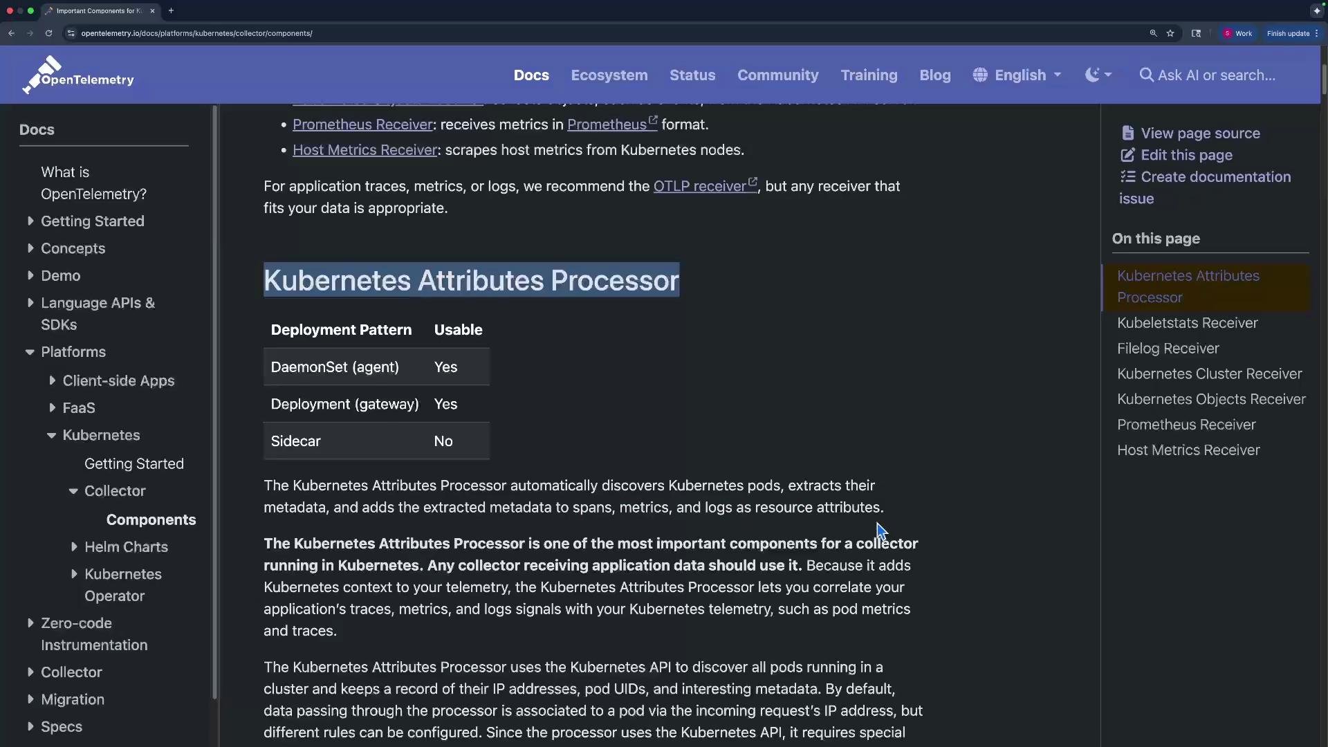 The image shows a webpage from OpenTelemetry documentation, specifically about the Kubernetes Attributes Processor. It includes a table detailing deployment patterns and usability, along with a description of the processor's functionalities.