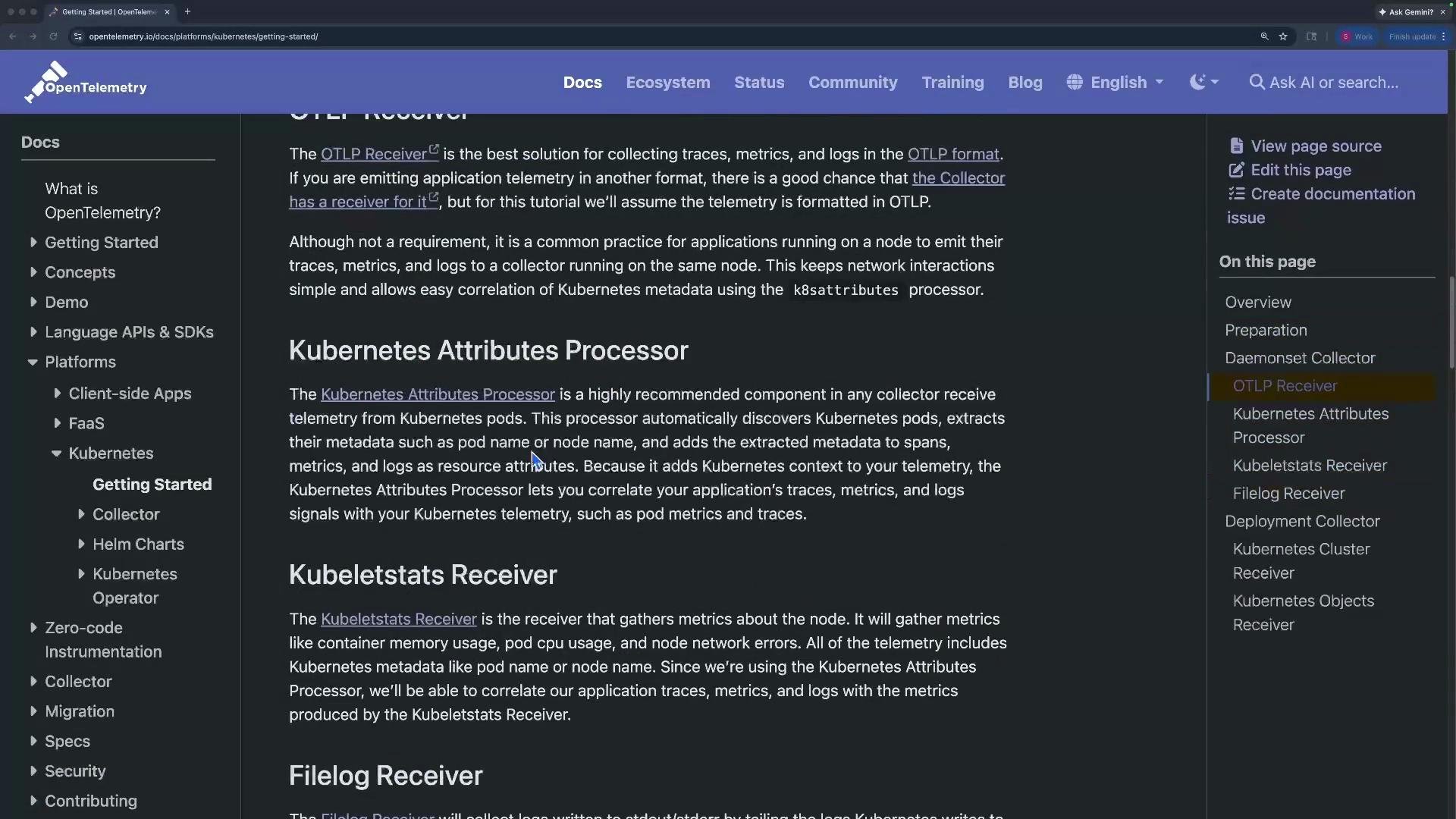 This image shows a webpage from OpenTelemetry's documentation about Kubernetes integration, describing components like the OTLP Receiver, Kubernetes Attributes Processor, and Kubeletstats Receiver. It includes a sidebar menu with documentation sections and a dark theme interface.