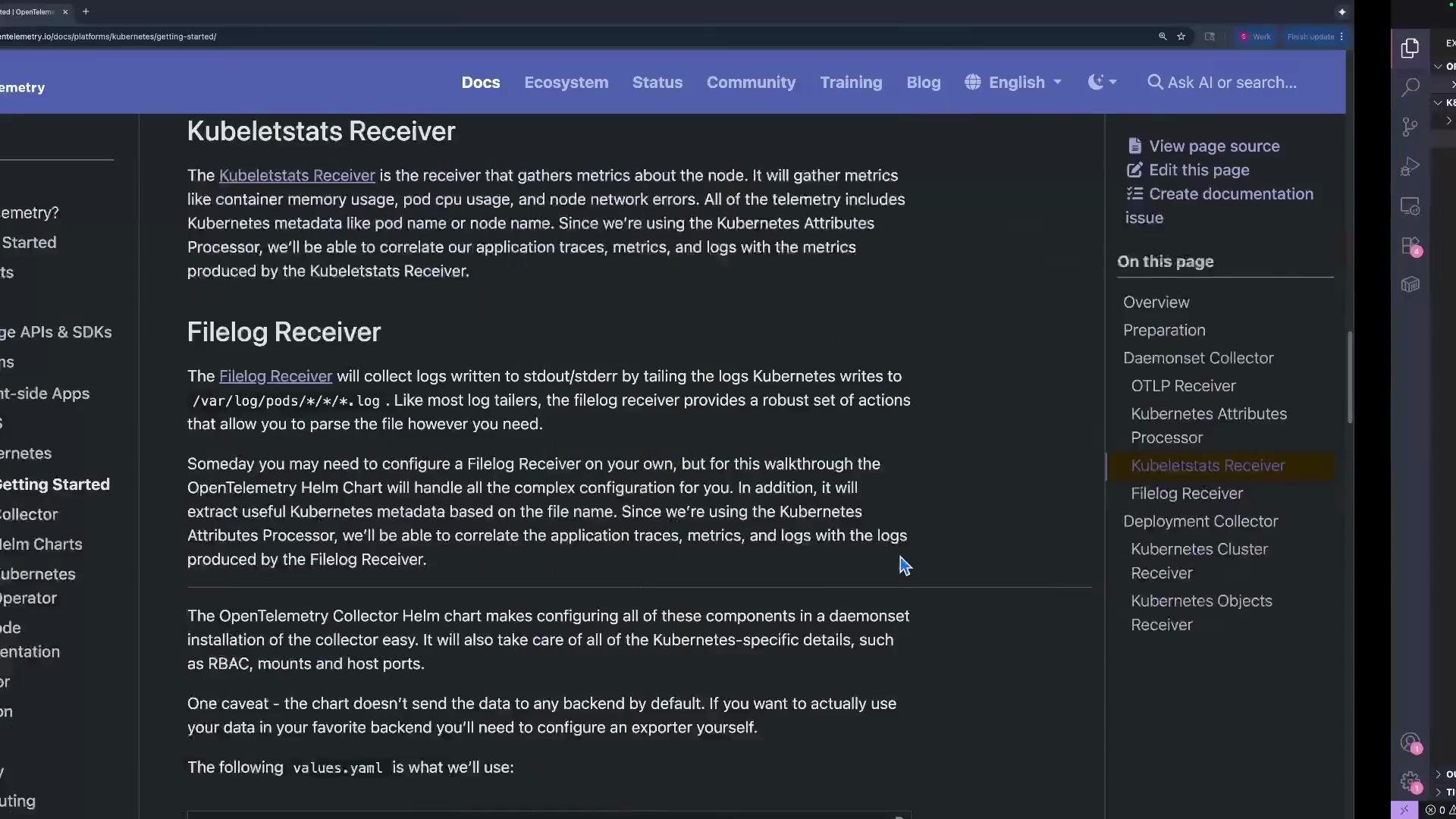 The image displays a webpage from OpenTelemetry documentation, detailing the configuration of Kubernetes receivers for telemetry data collection. It includes sections for "Kubeletstats Receiver" and "Filelog Receiver" with navigation links on the side.