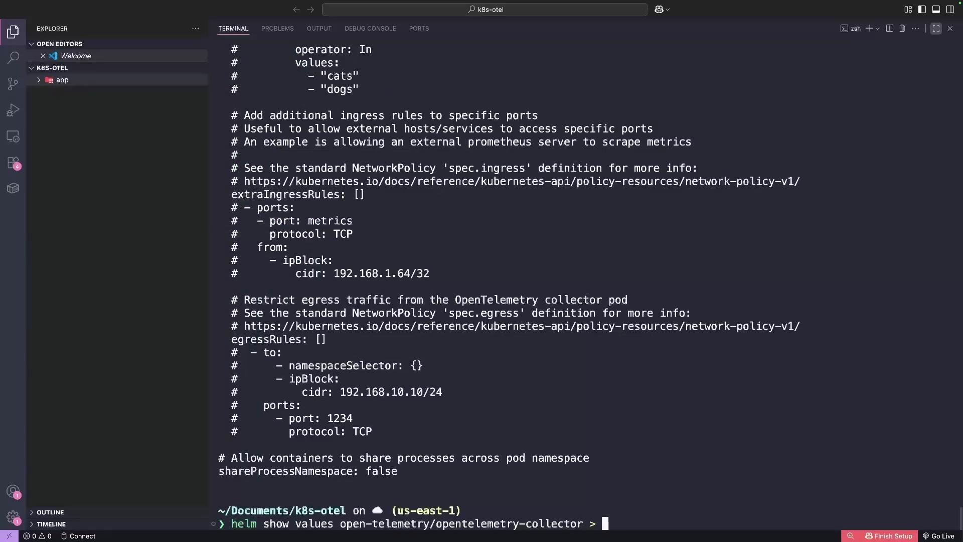 The image shows a Visual Studio Code workspace with a terminal open, displaying a Kubernetes configuration script related to OpenTelemetry collector settings.