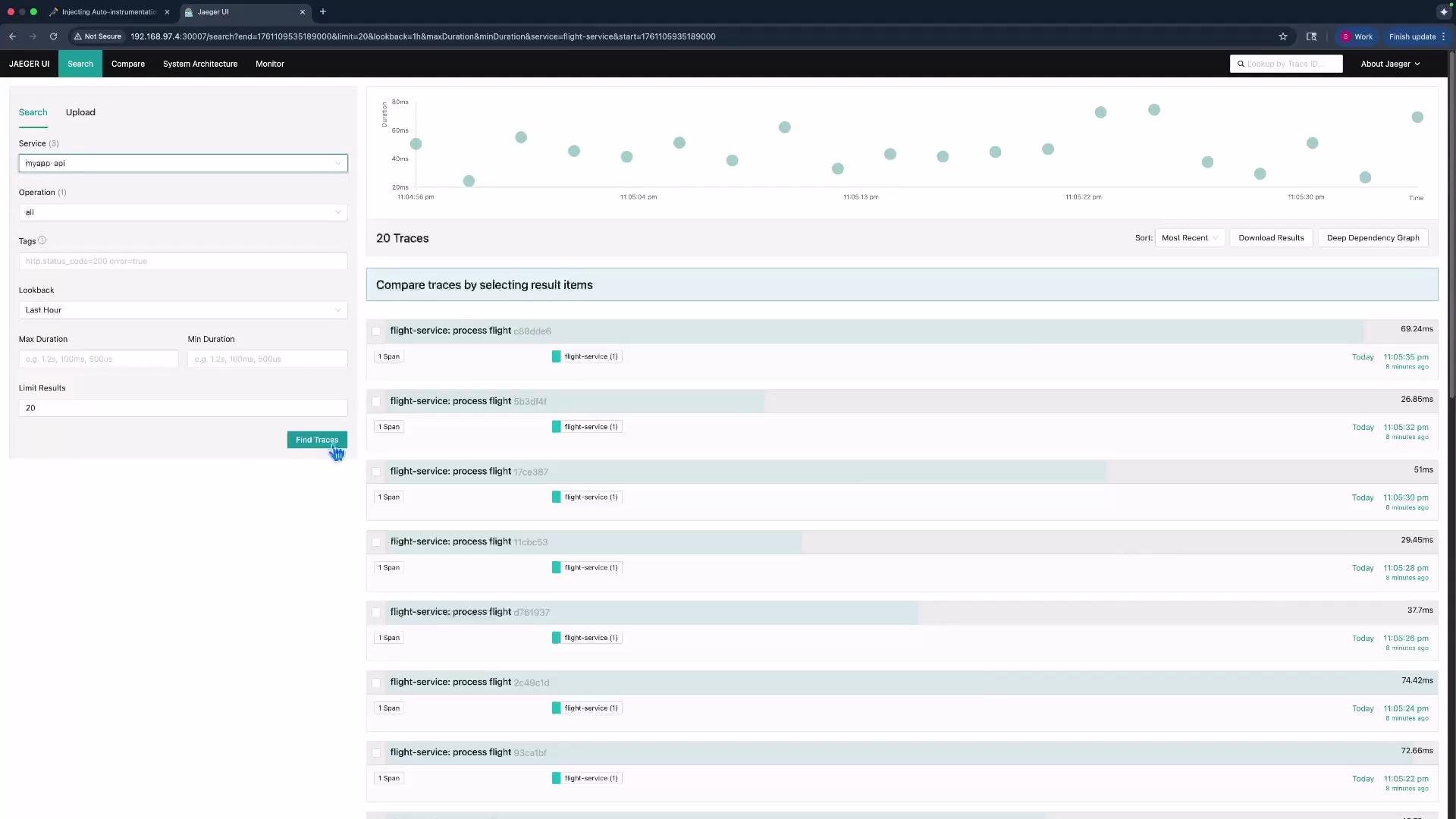 The image shows the Jaeger UI dashboard displaying search results for traces related to a service. It includes a timeline graph, trace details, and filtering options.