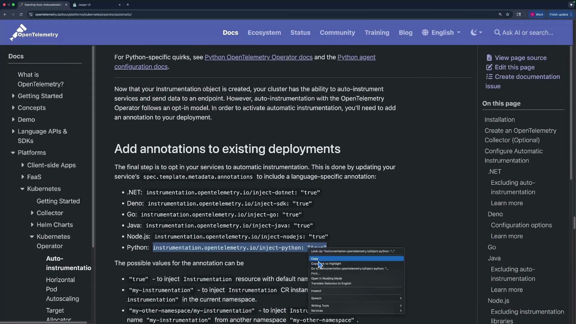 The image shows a webpage from the OpenTelemetry documentation, focusing on adding annotations for automatic instrumentation in different programming languages. There is a sidebar for navigation and various options for language-specific configurations.