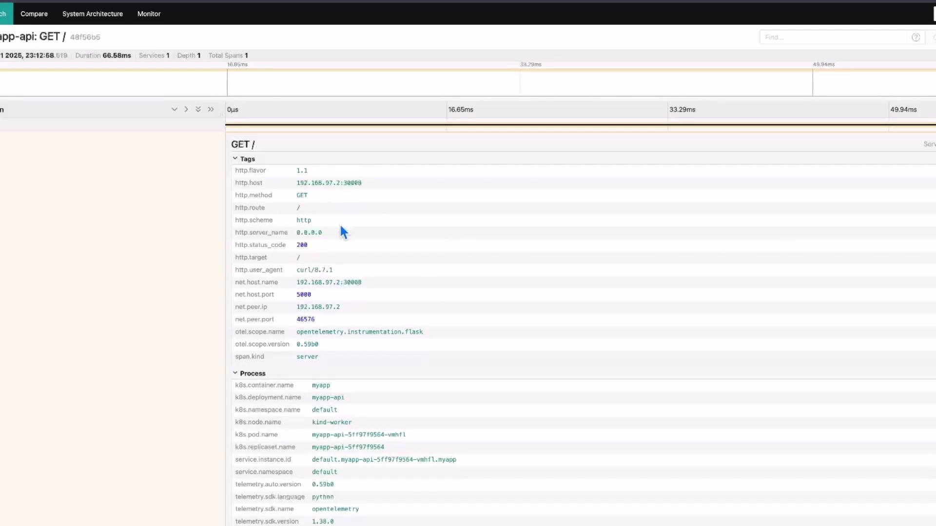 The image shows a trace analysis interface displaying details of a GET request, including HTTP and process information in a structured format.