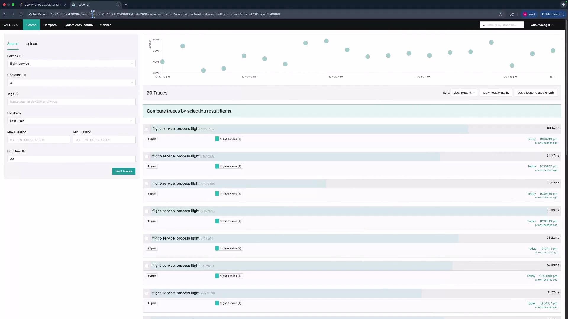The image shows the Jaeger UI displaying tracing data, with a list of trace results for a "flight-service" including their durations and timestamps. It includes a filter section for refining search criteria based on service, operation, and duration.