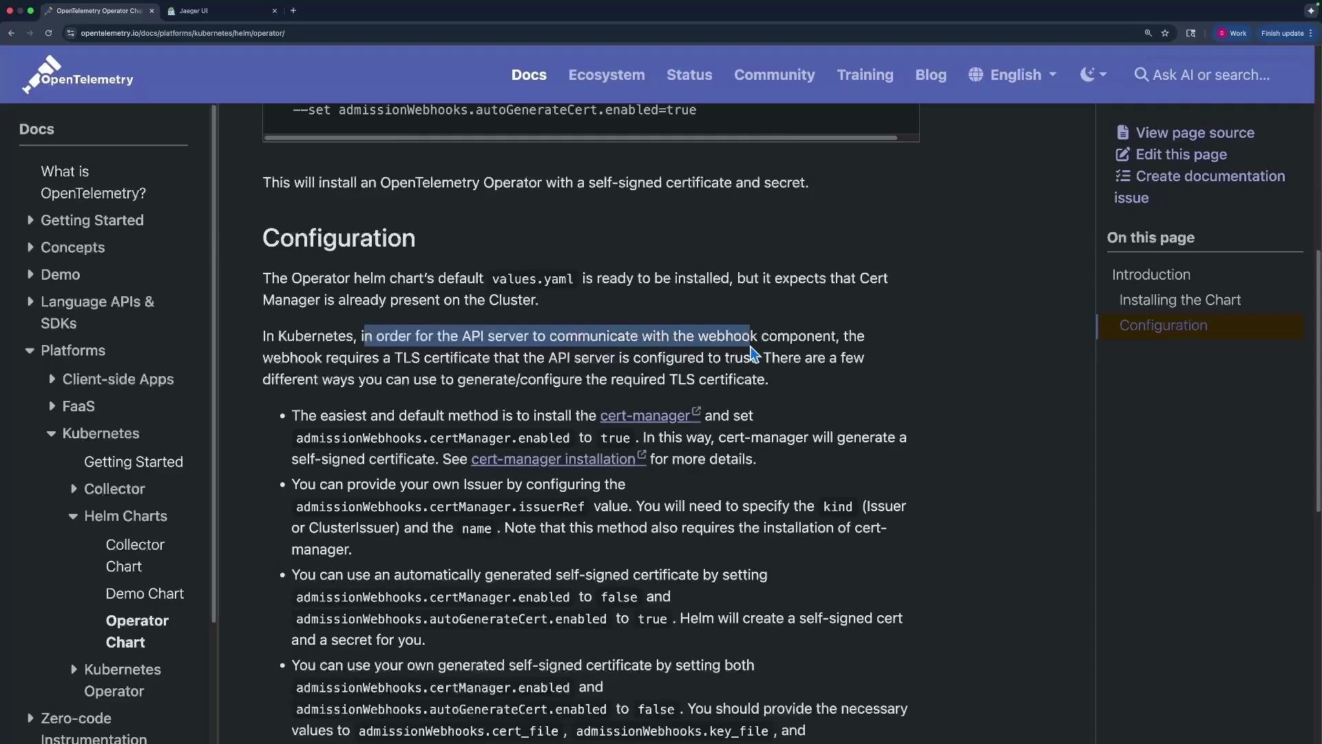 The image shows a webpage from OpenTelemetry documentation discussing the configuration of the Operator Helm chart with a focus on TLS certificates and cert-manager usage in Kubernetes.
