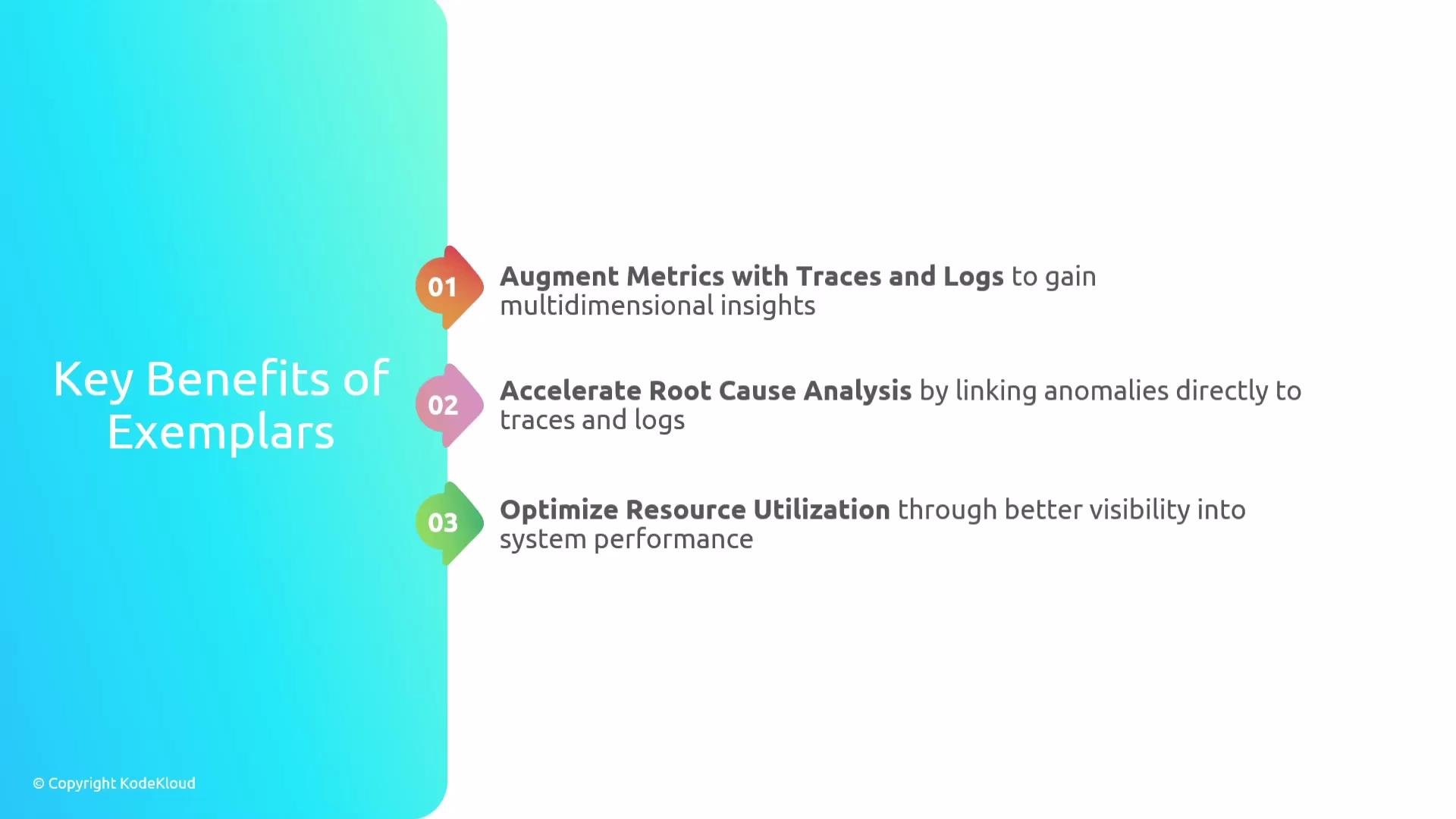 The image lists three key benefits of exemplars: augmenting metrics with traces and logs, accelerating root cause analysis, and optimizing resource utilization.