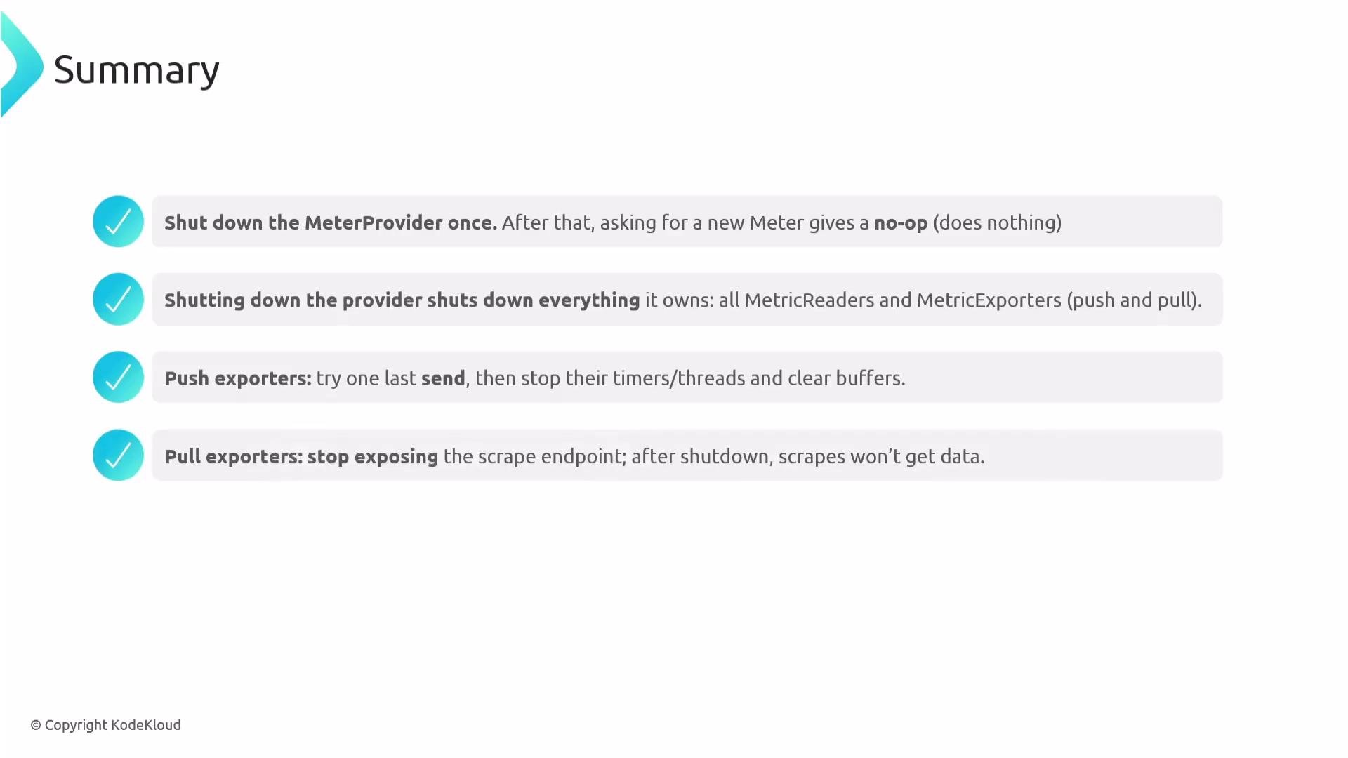 The image is a summary of instructions related to shutting down a MeterProvider, including its effects on MetricReaders and MetricExporters, as well as guidance for push and pull exporters.