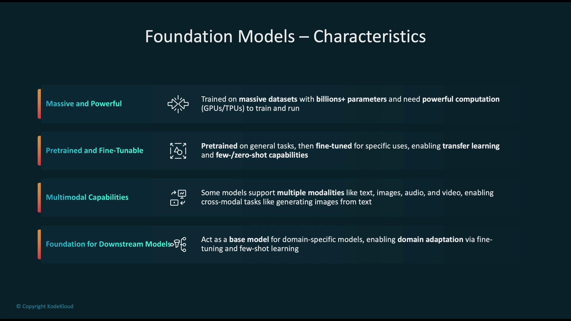 The image lists characteristics of foundation models, highlighting features such as their massive scale, pretraining and fine-tuning capabilities, multimodal support, and role as a base for downstream models.
