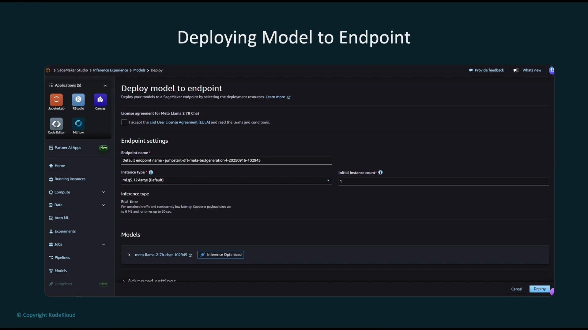The image shows a screenshot from SageMaker Studio, depicting the process of deploying a model to an endpoint, with settings for endpoint name, instance type, and inference type displayed.