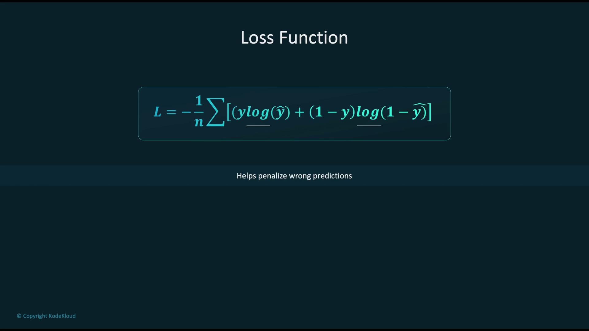 The image shows the formula for a loss function, which is used to penalize wrong predictions in machine learning.