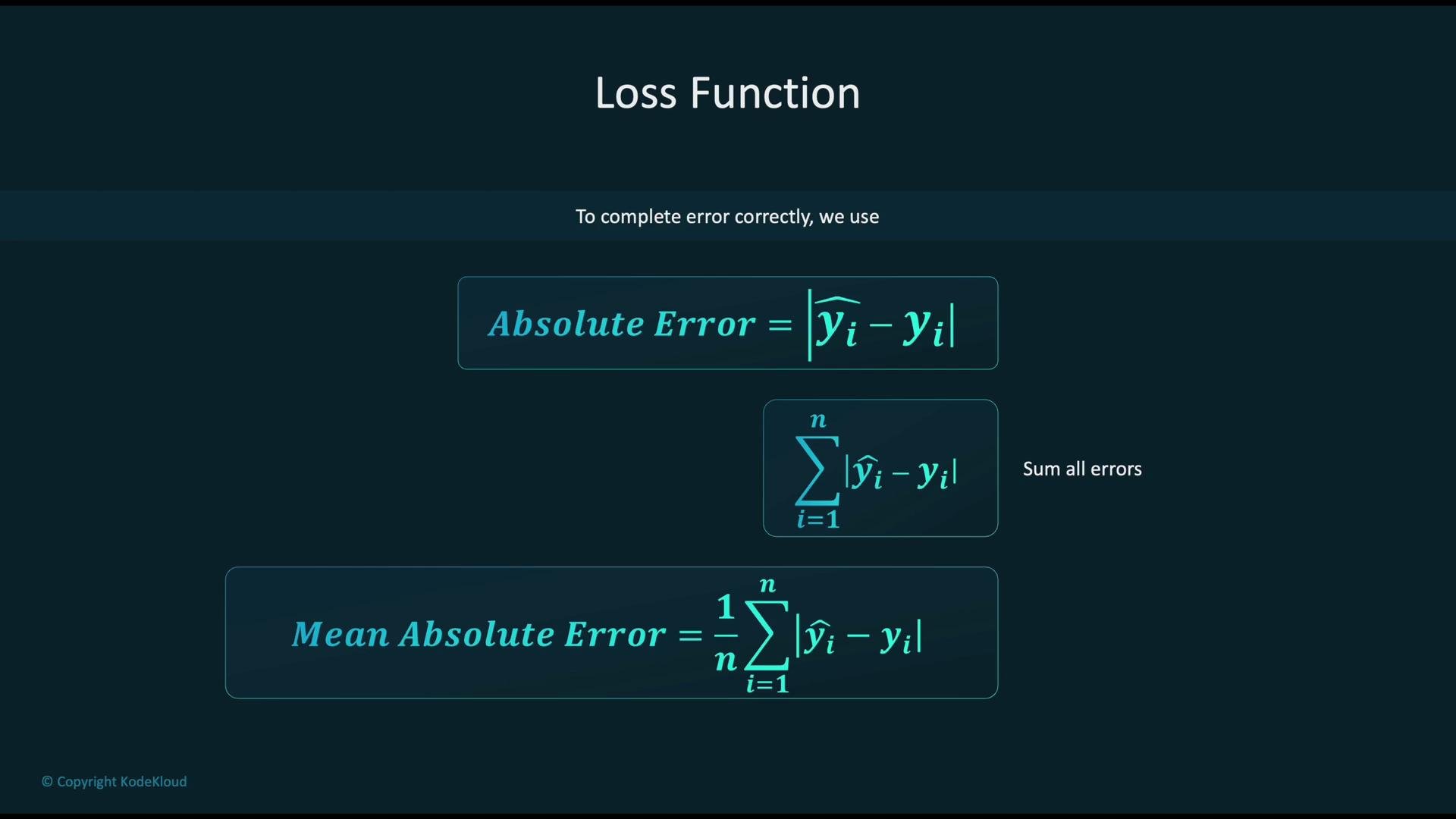The image explains loss functions, showing formulas for Absolute Error and Mean Absolute Error in a mathematical context.