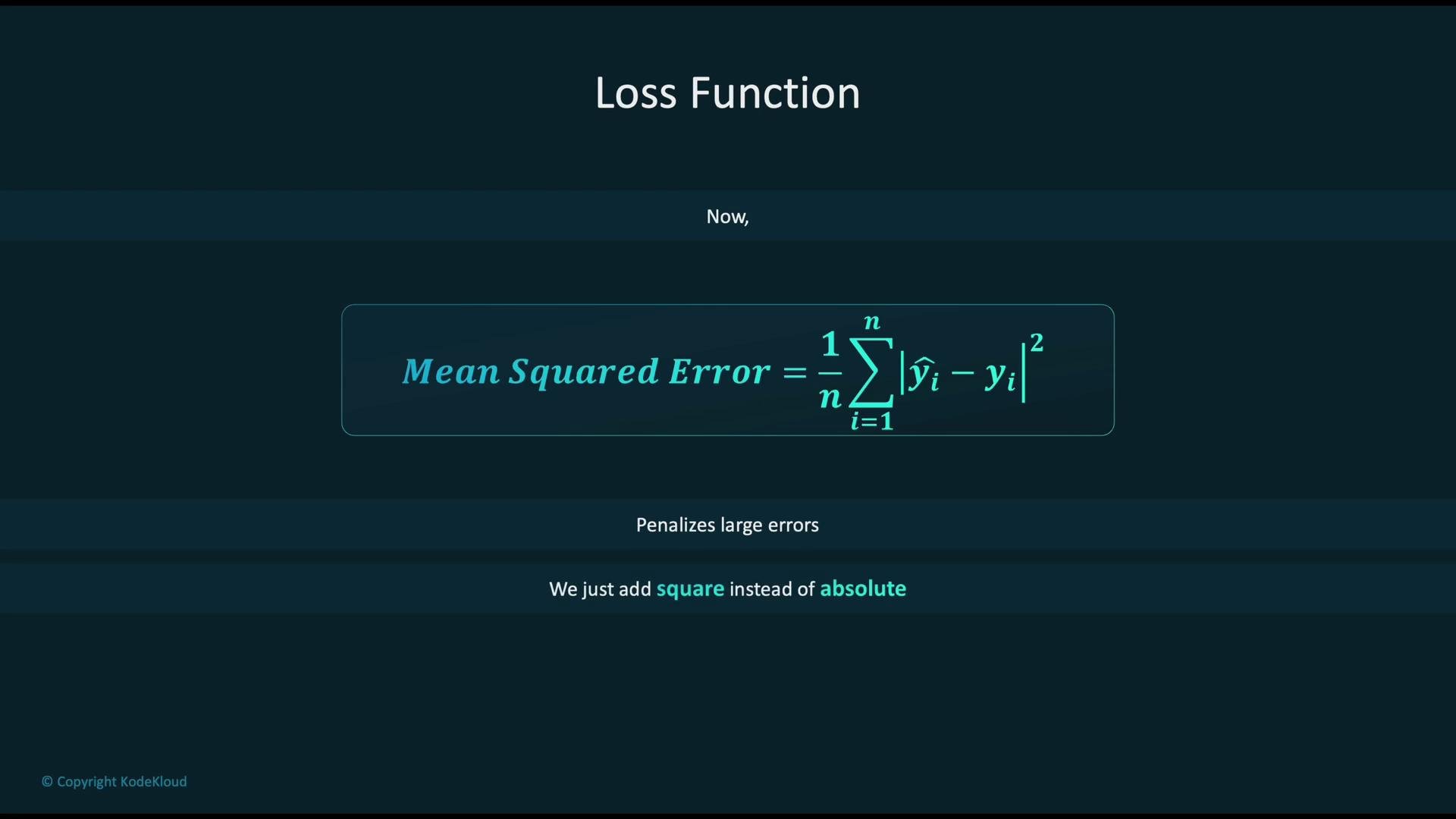 The image shows the formula for the Mean Squared Error (MSE) as a loss function, explaining it penalizes large errors by squaring the differences. It highlights the use of squaring instead of taking the absolute value.