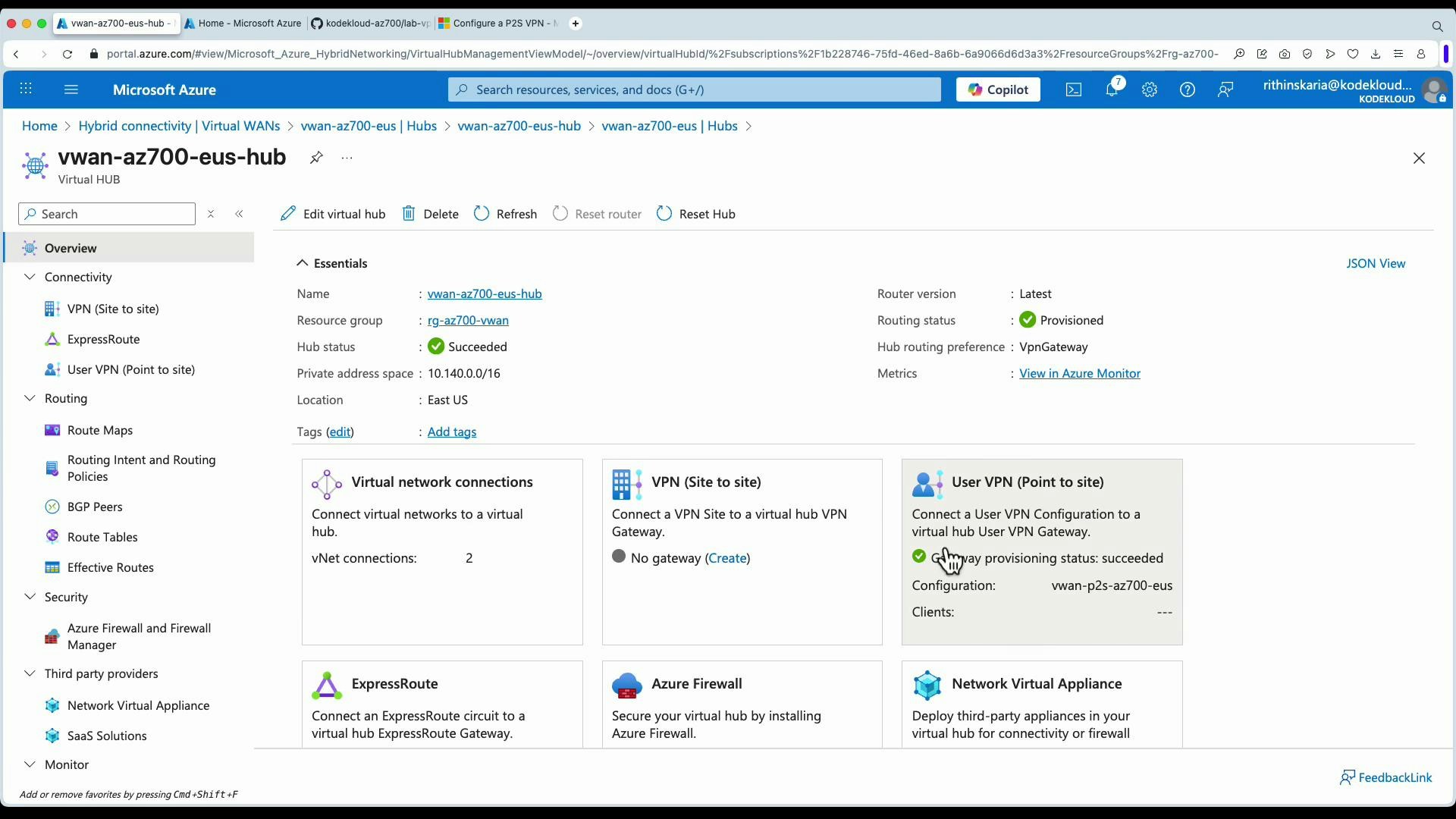 A screenshot of the Microsoft Azure portal displaying the virtual hub "vwan-az700-eus-hub" overview page. The Essentials pane shows hub status, private address space (10.140.0.0/16) and location (East US), with tiles for virtual network connections, VPN (site-to-site), user VPN (point-to-site), ExpressRoute and Azure Firewall.