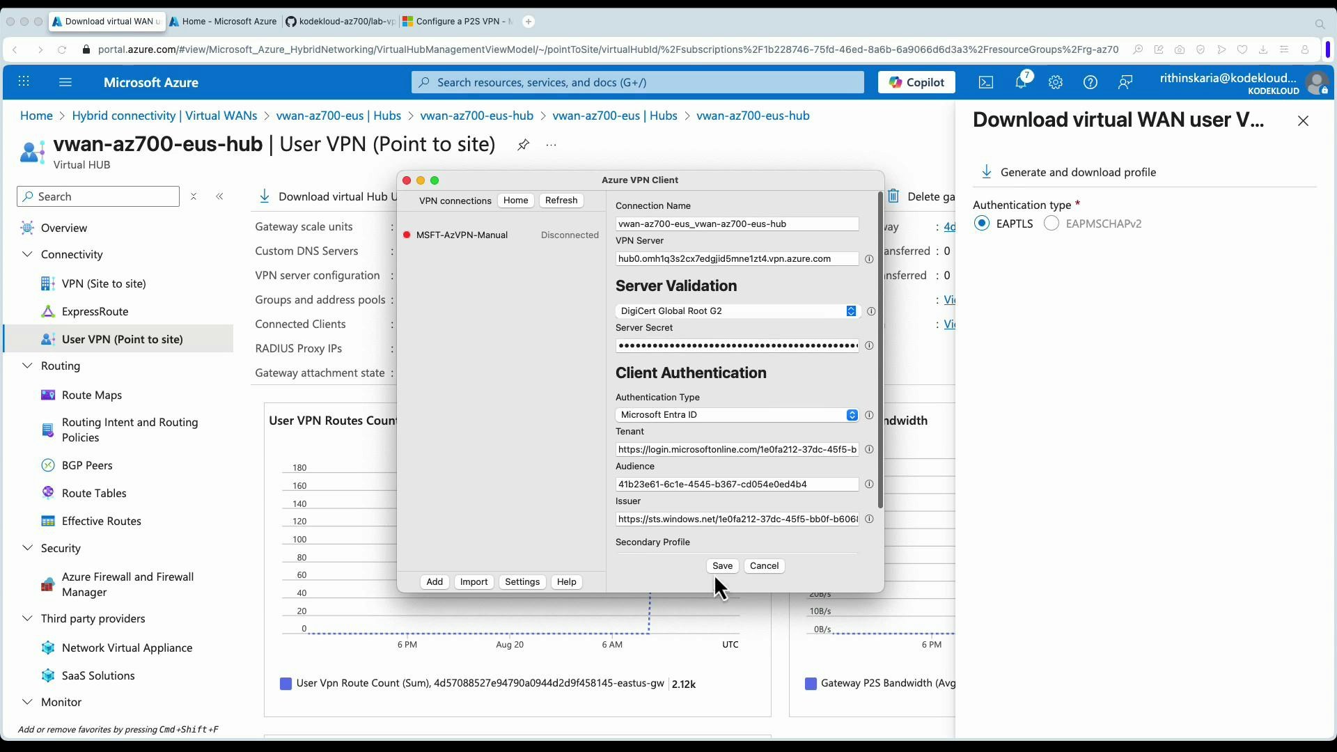 A screenshot of the Microsoft Azure portal on the "vwan-az700-eus-hub | User VPN (Point to site)" page with an Azure VPN Client configuration window open in the center and a "Download virtual WAN user V..." pane on the right. The client dialog shows server validation and client authentication settings for a VPN connection.