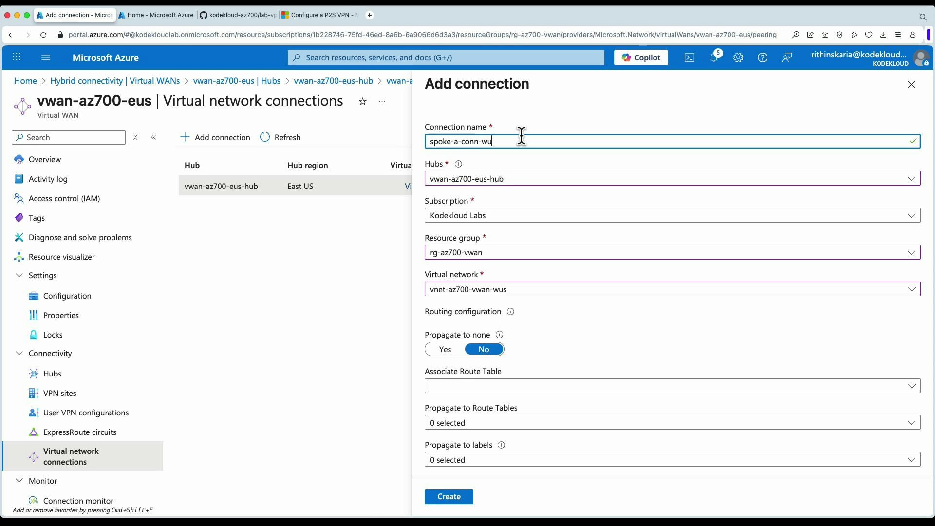 A screenshot of the Microsoft Azure portal showing the "vwan-az700-eus | Virtual network connections" page with an "Add connection" pane open. The form on the right contains fields for connection name, hub, subscription, resource group, and virtual network, while the left shows navigation items like Overview and Connectivity.