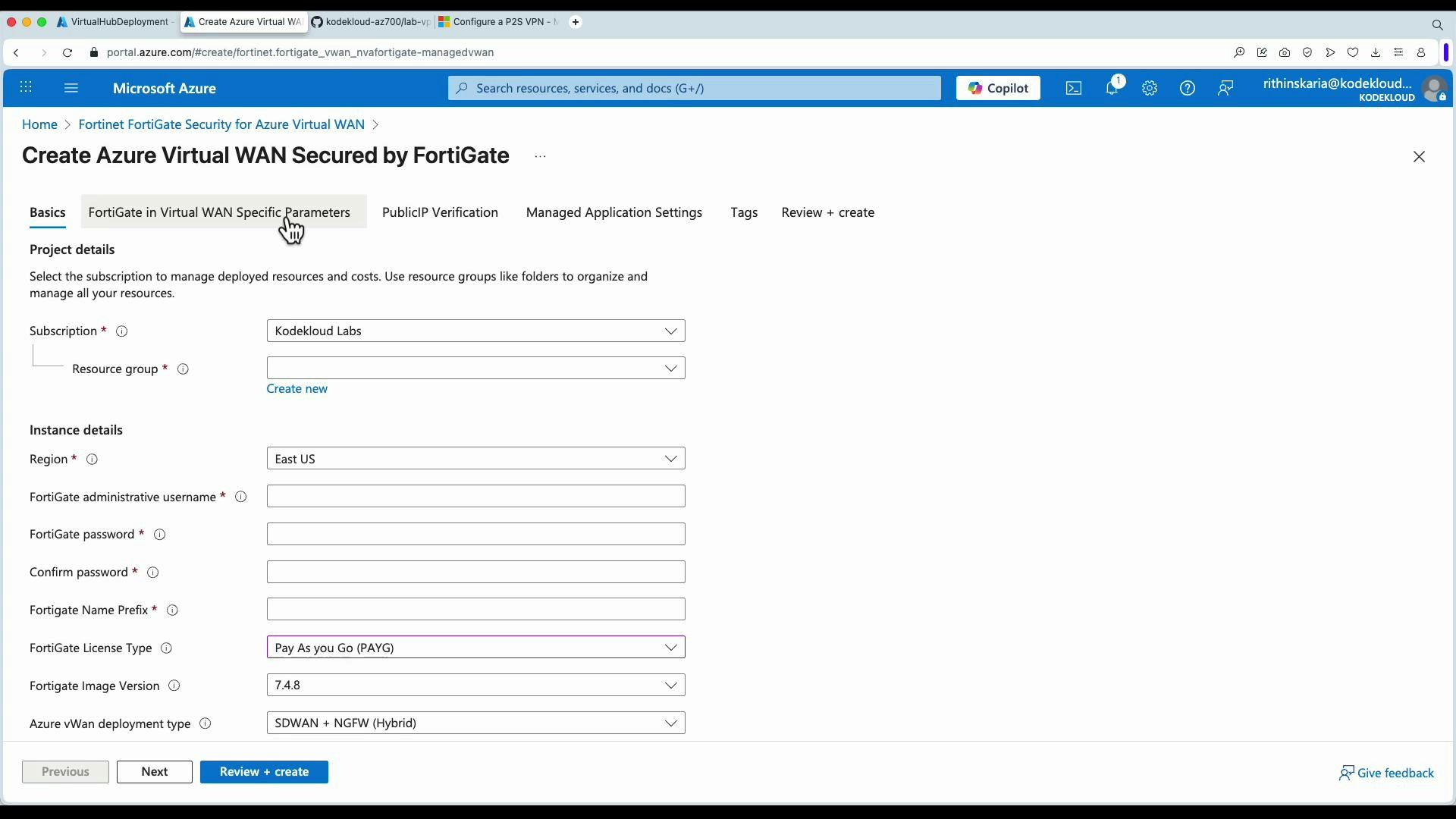 A screenshot of the Microsoft Azure portal showing the "Create Azure Virtual WAN Secured by FortiGate" setup form with fields for subscription, resource group, region, FortiGate credentials, license type and image version. Tabs across the top and navigation buttons ("Previous", "Next", "Review + create") are also visible.