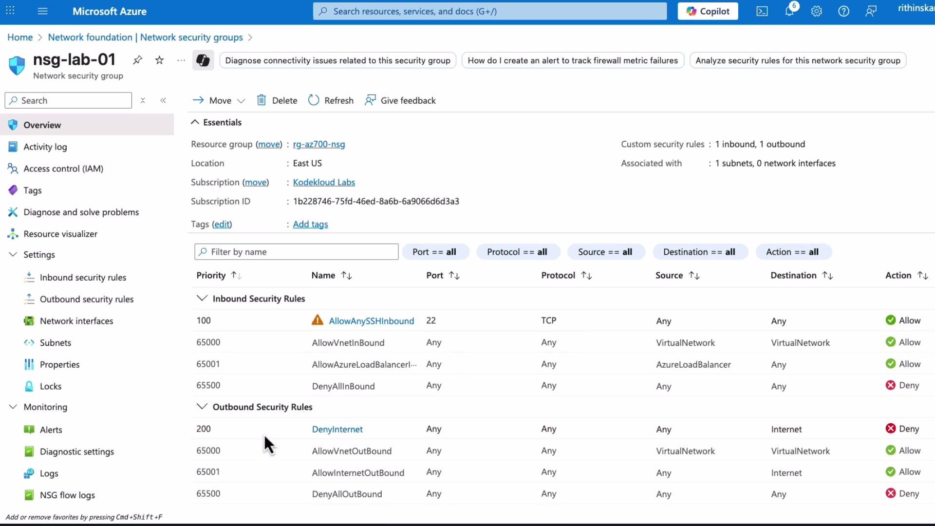 The image shows a Microsoft Azure interface displaying the security rules for a network security group named "nsg-lab-01," listing both inbound and outbound rules with their details such as priority, name, port, protocol, source, destination, and action.