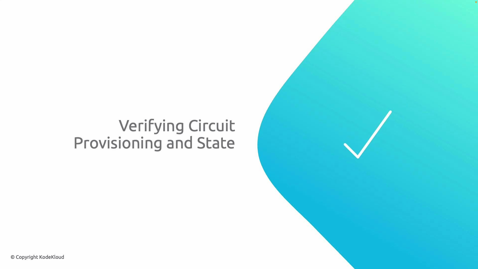 A presentation slide titled "Verifying Circuit Provisioning and State" with a large blue-green rounded shape and a white checkmark on the right. The bottom-left shows a small "© Copyright KodeKloud" label.