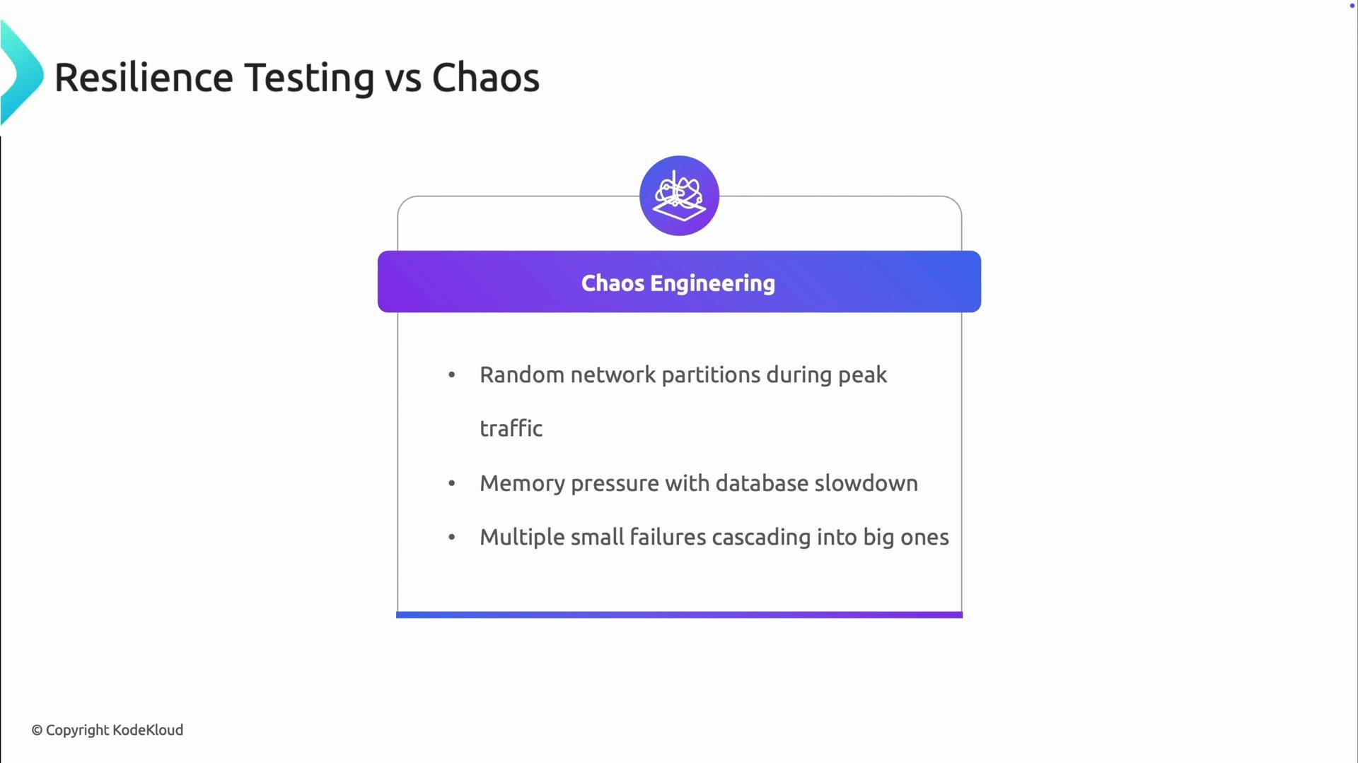 A presentation slide titled "Resilience Testing vs Chaos" highlighting "Chaos Engineering" with bullets: random network partitions during peak traffic, memory pressure with database slowdown, and multiple small failures cascading into big ones. The slide has a purple header and a © KodeKloud copyright notice.