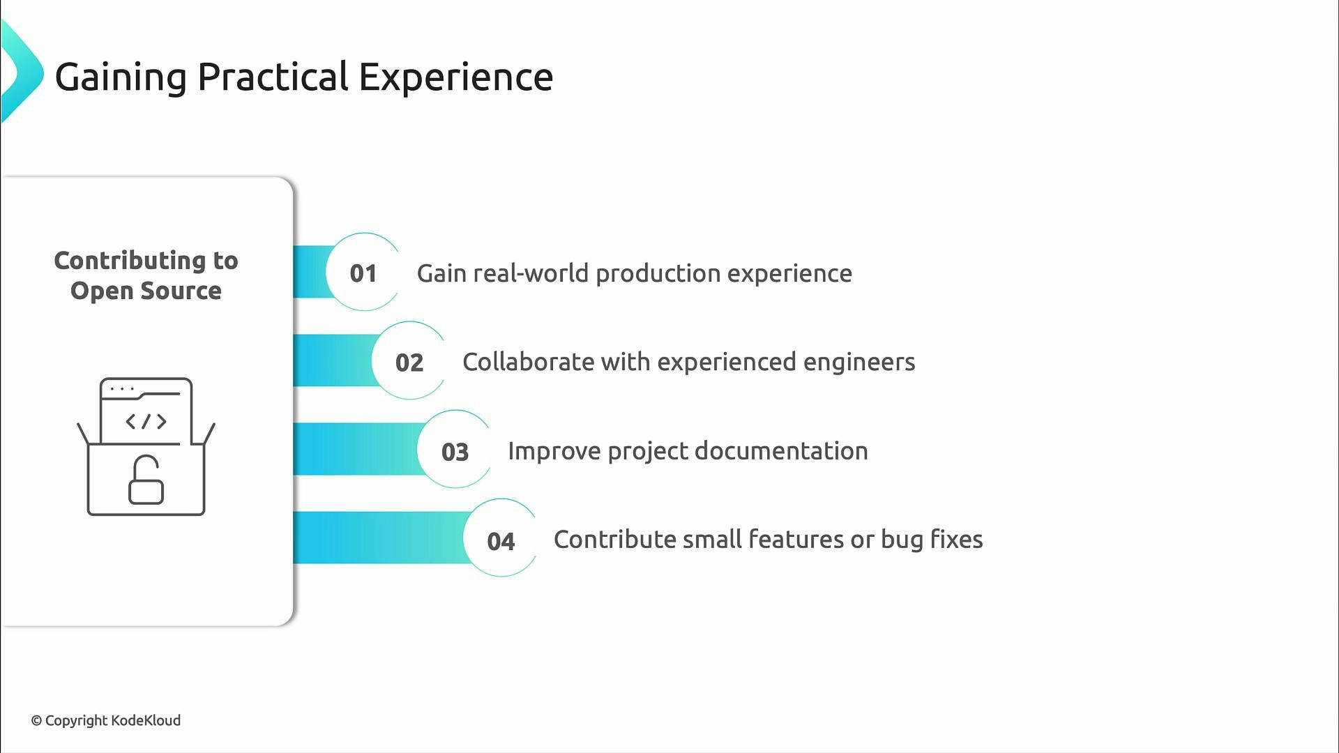 A presentation slide titled "Gaining Practical Experience" that encourages contributing to open source, shown with a code-in-a-box icon. It lists four points: gain real-world production experience, collaborate with experienced engineers, improve documentation, and contribute small features or bug fixes.