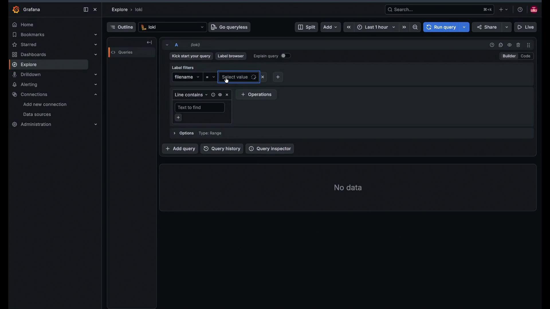 A dark-themed Grafana Explore screen showing the Loki log query builder with label filters and a "Select value" field, plus a left sidebar of navigation items. The query area shows "No data" in the results panel.