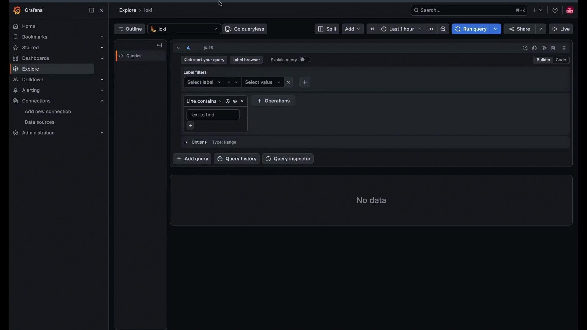 A dark-themed Grafana Explore screen using the Loki datasource, showing a query builder with label filters and a large "No data" panel. The left sidebar displays navigation items like Home, Dashboards, Explore, and Connections.