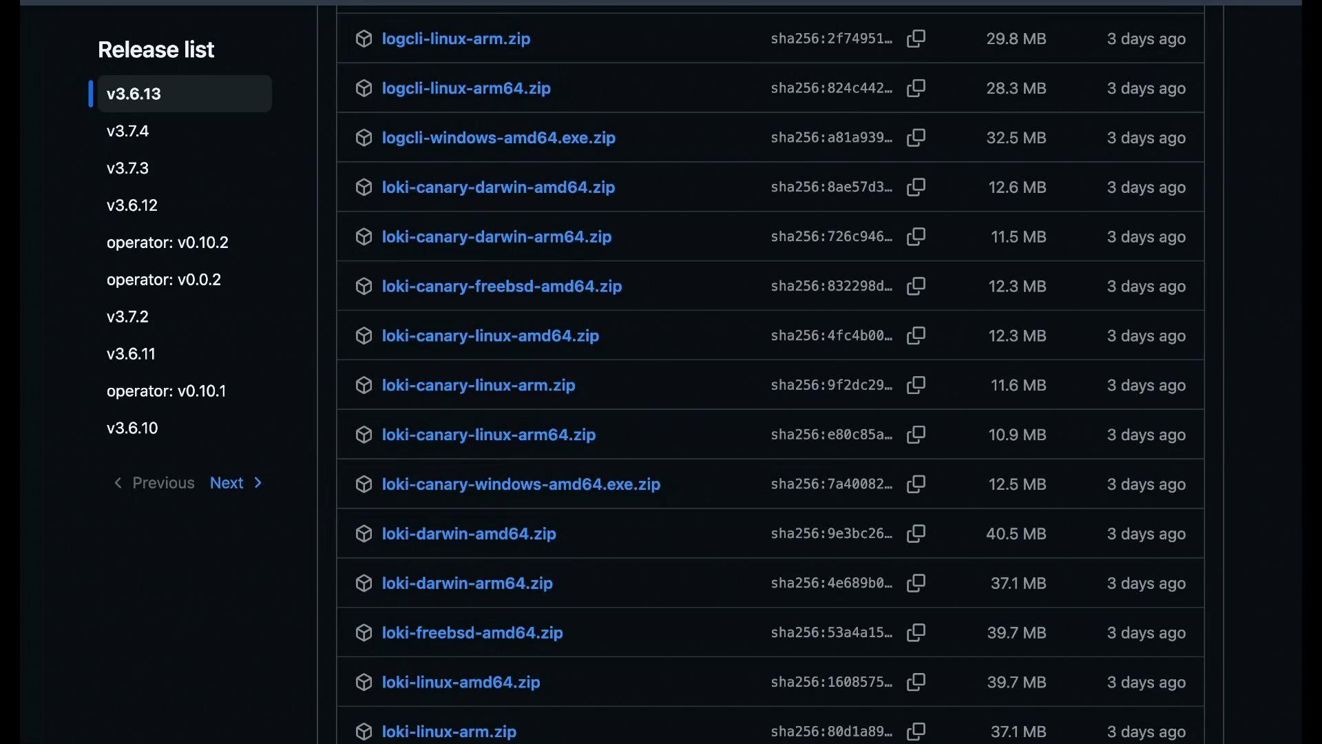 A dark-themed screenshot of a software "Release list" page showing version entries on the left and a list of downloadable build assets (zip/exe files) on the right with SHA256 hashes, file sizes, and recent timestamps.