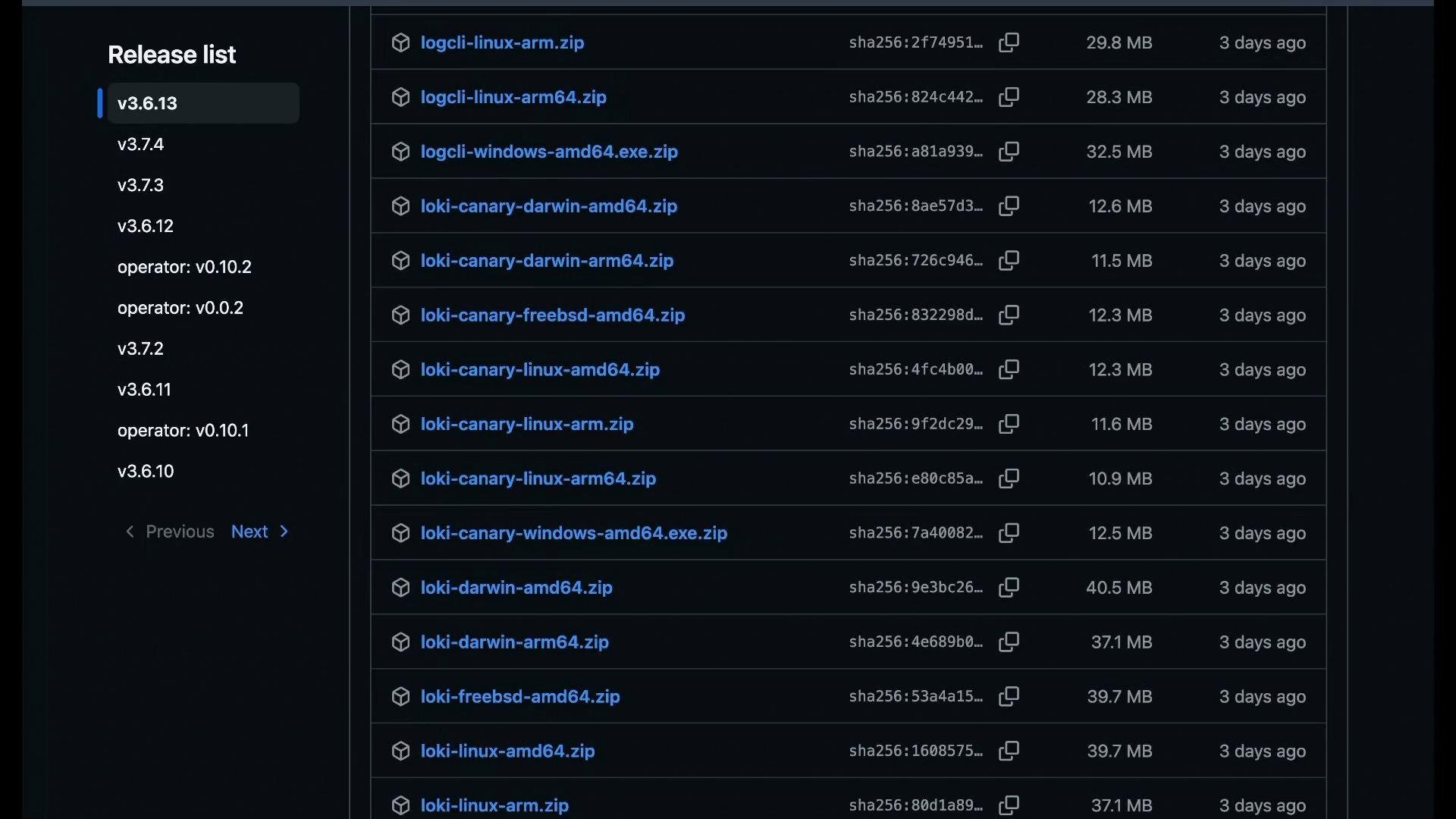 A dark-themed screenshot of a software "Release list" page showing version entries on the left and a list of downloadable build assets (zip/exe files) on the right with SHA256 hashes, file sizes, and recent timestamps.