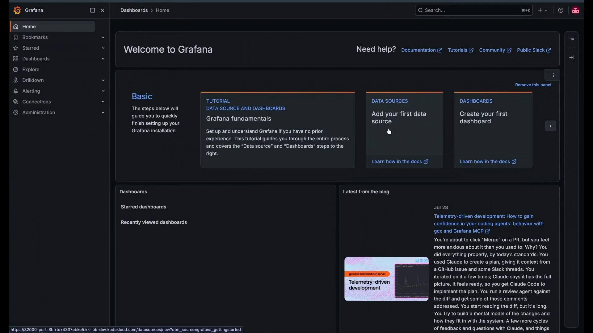 A screenshot of Grafana's dark-themed web UI showing the "Welcome to Grafana" home dashboard with panels for a tutorial, adding a data source, and creating a first dashboard. The left sidebar navigation (Home, Dashboards, Explore, Alerting, Administration, etc.) is visible.