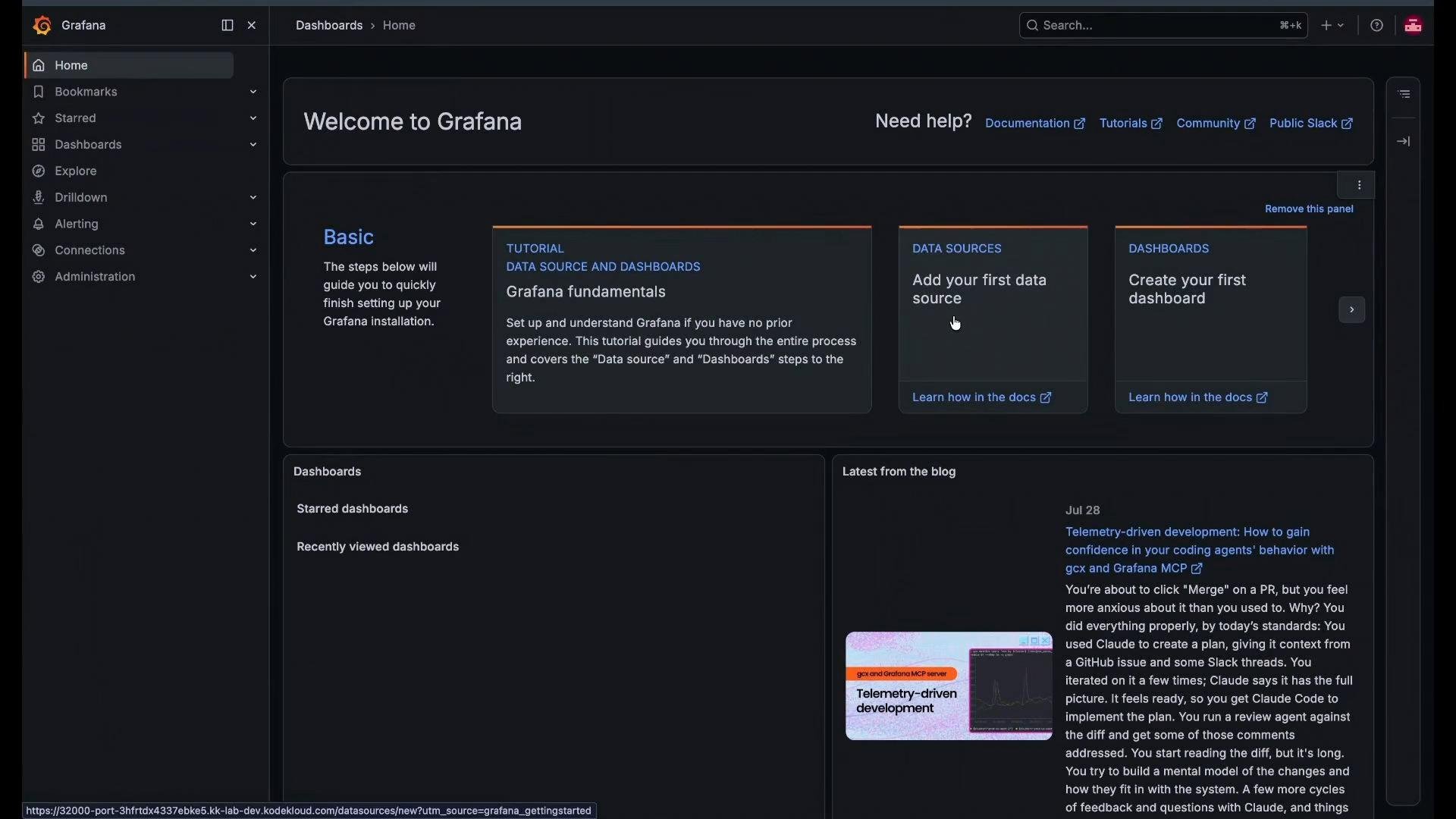 A screenshot of Grafana's dark-themed web UI showing the "Welcome to Grafana" home dashboard with panels for a tutorial, adding a data source, and creating a first dashboard. The left sidebar navigation (Home, Dashboards, Explore, Alerting, Administration, etc.) is visible.