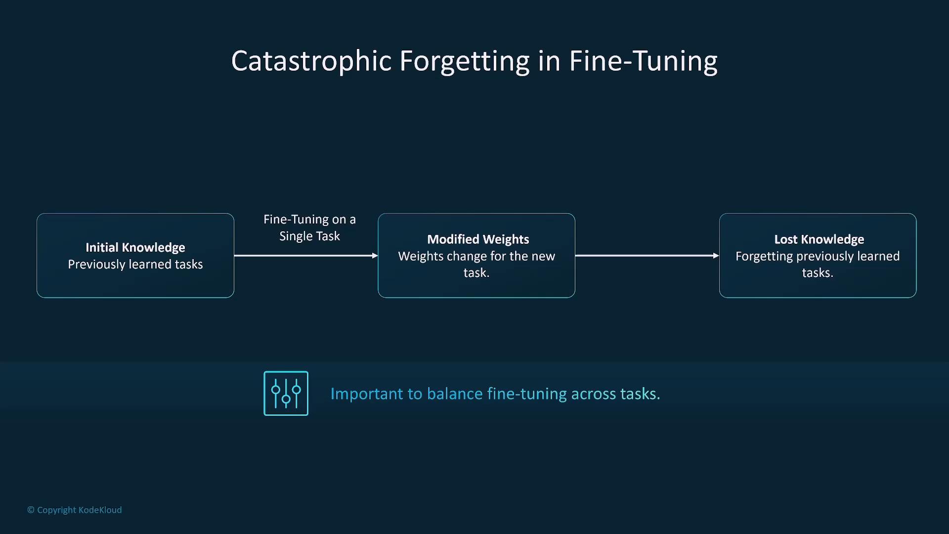 A dark-themed slide titled "Catastrophic Forgetting in Fine-Tuning" showing a flow from "Initial Knowledge" → "Modified Weights" → "Lost Knowledge" to illustrate how fine-tuning on a single task can overwrite previously learned tasks. A caption at the bottom notes it's important to balance fine-tuning across tasks.