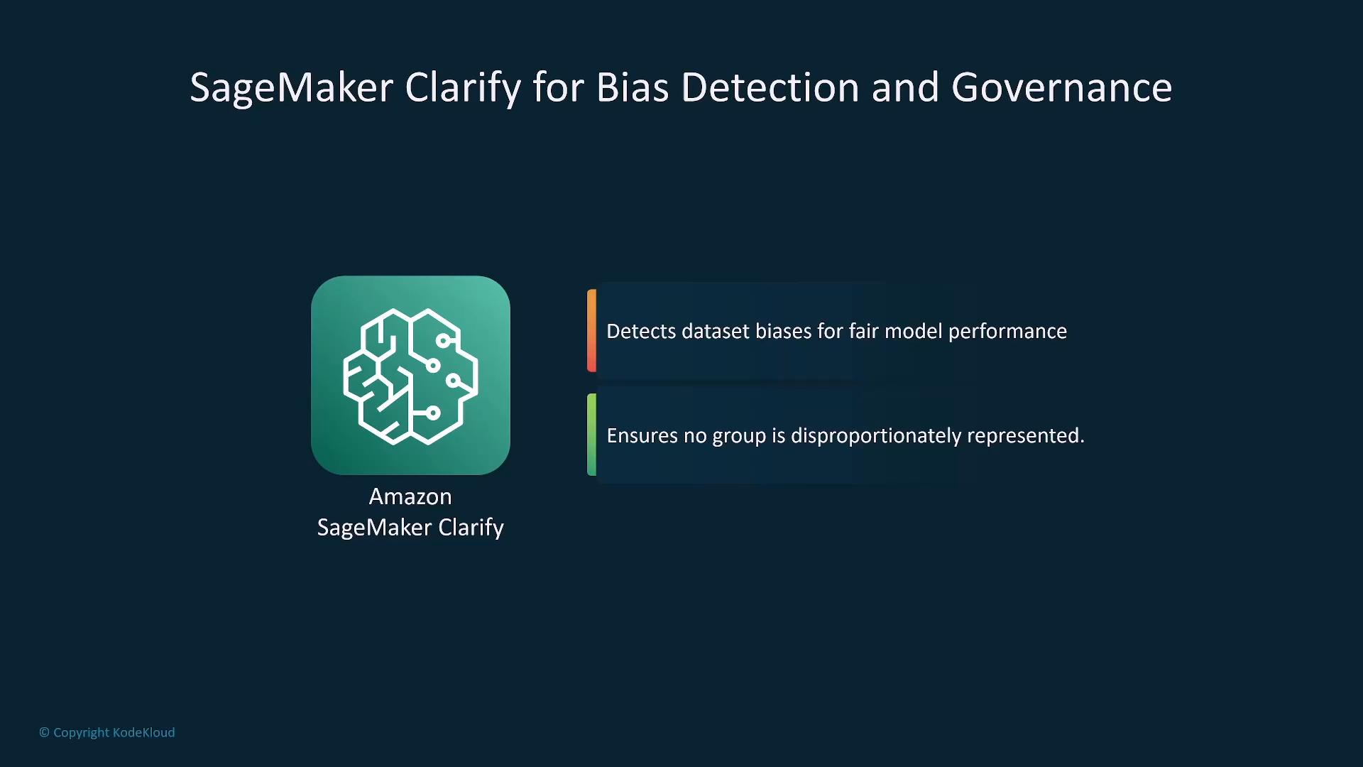 Slide titled "SageMaker Clarify for Bias Detection and Governance" showing the Amazon SageMaker Clarify logo and two bullet points. It notes the tool detects dataset biases for fair model performance and ensures no group is disproportionately represented.