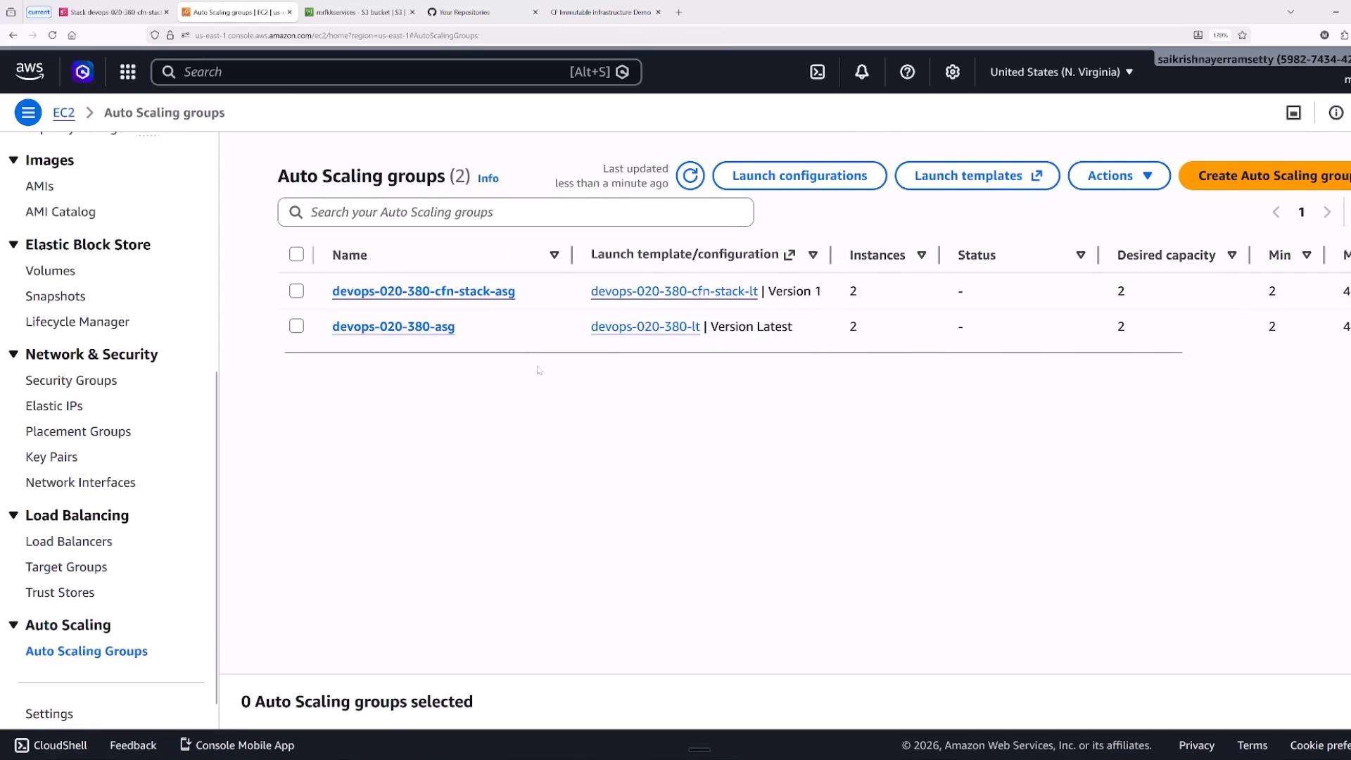 A screenshot of the AWS EC2 console on the Auto Scaling groups page showing two auto scaling groups (devops-020-380-cfn-stack-asg and devops-020-380-asg) each with desired capacity 2. The left sidebar shows EC2 navigation sections like Elastic Block Store, Network & Security, and Load Balancing.
