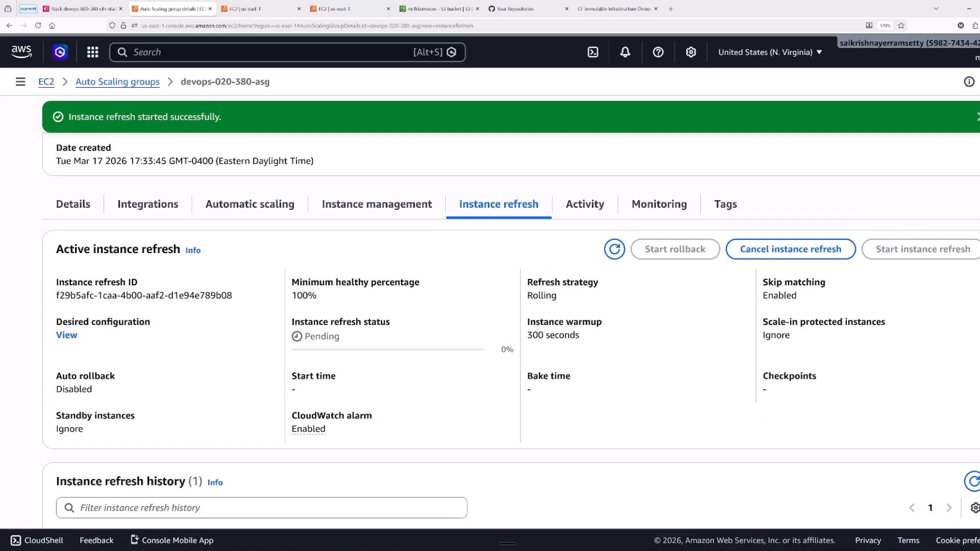 Screenshot of the AWS EC2 Auto Scaling "Instance refresh" tab showing a green banner that an instance refresh started successfully. The Active instance refresh panel displays details like the refresh ID, minimum healthy percentage (100%), rolling refresh strategy, and a 300-second instance warmup.