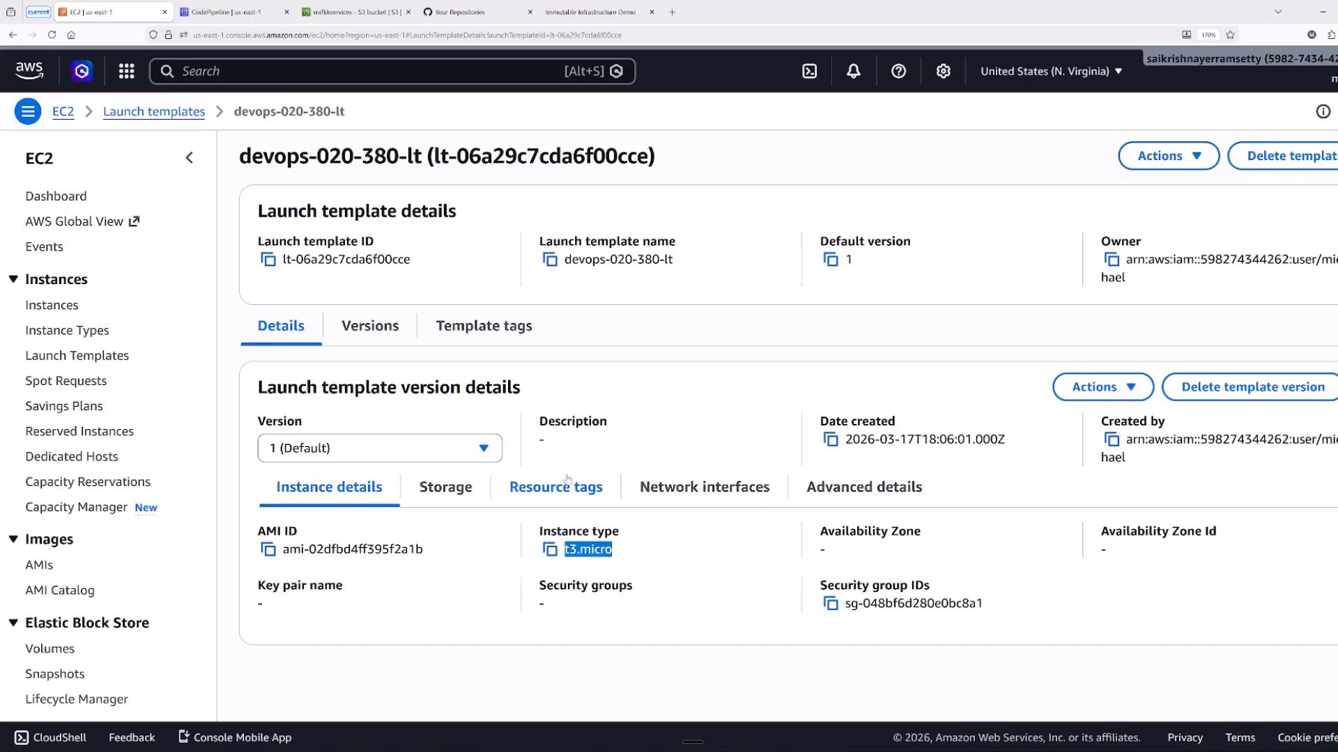A screenshot of the AWS EC2 console showing the Launch Template details page for "devops-020-380-lt" (lt-06a29c7cda6f00cce). It displays the template/version info and instance details like AMI, instance type (t3.micro), security group ID, and owner/creation info.