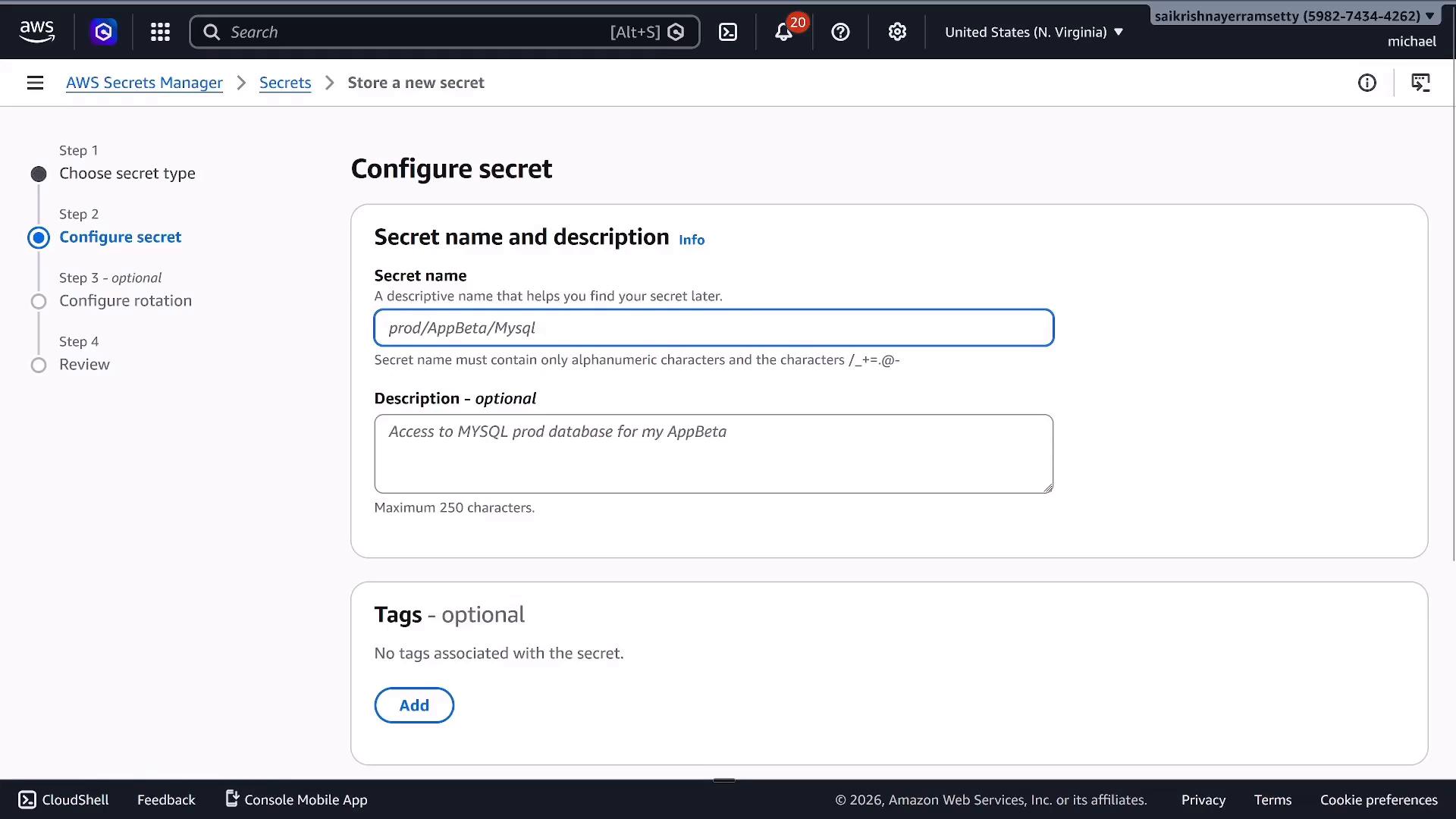 A screenshot of the AWS Secrets Manager "Configure secret" page with the Secret name field filled as "prod/AppBeta/Mysql" and an optional description noting access to the MySQL production database for AppBeta. The left sidebar shows the multi-step wizard (Choose secret type, Configure secret, Configure rotation, Review).