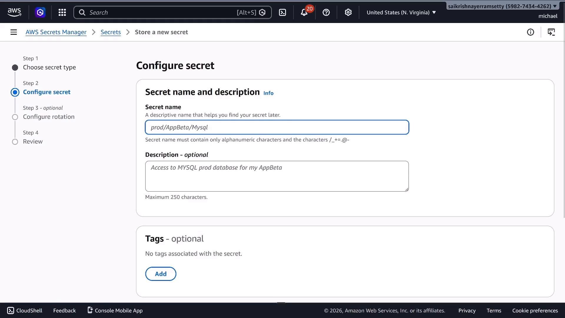 A screenshot of the AWS Secrets Manager "Configure secret" page with the Secret name field filled as "prod/AppBeta/Mysql" and an optional description noting access to the MySQL production database for AppBeta. The left sidebar shows the multi-step wizard (Choose secret type, Configure secret, Configure rotation, Review).