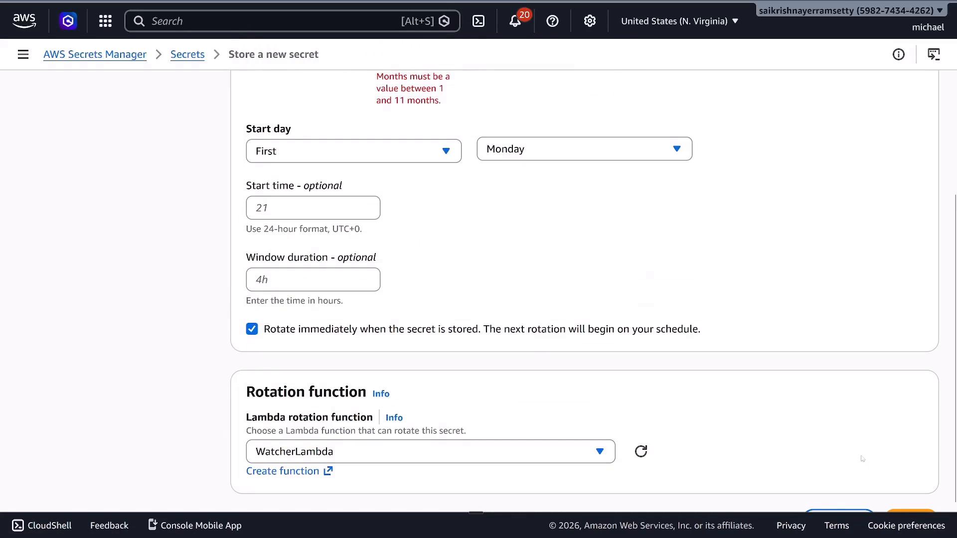 Screenshot of the AWS Secrets Manager "Store a new secret" page showing rotation schedule settings. The Start day is set to "First Monday" with start time 21 and a 4h window, and the Lambda rotation function "WatcherLambda" is selected.