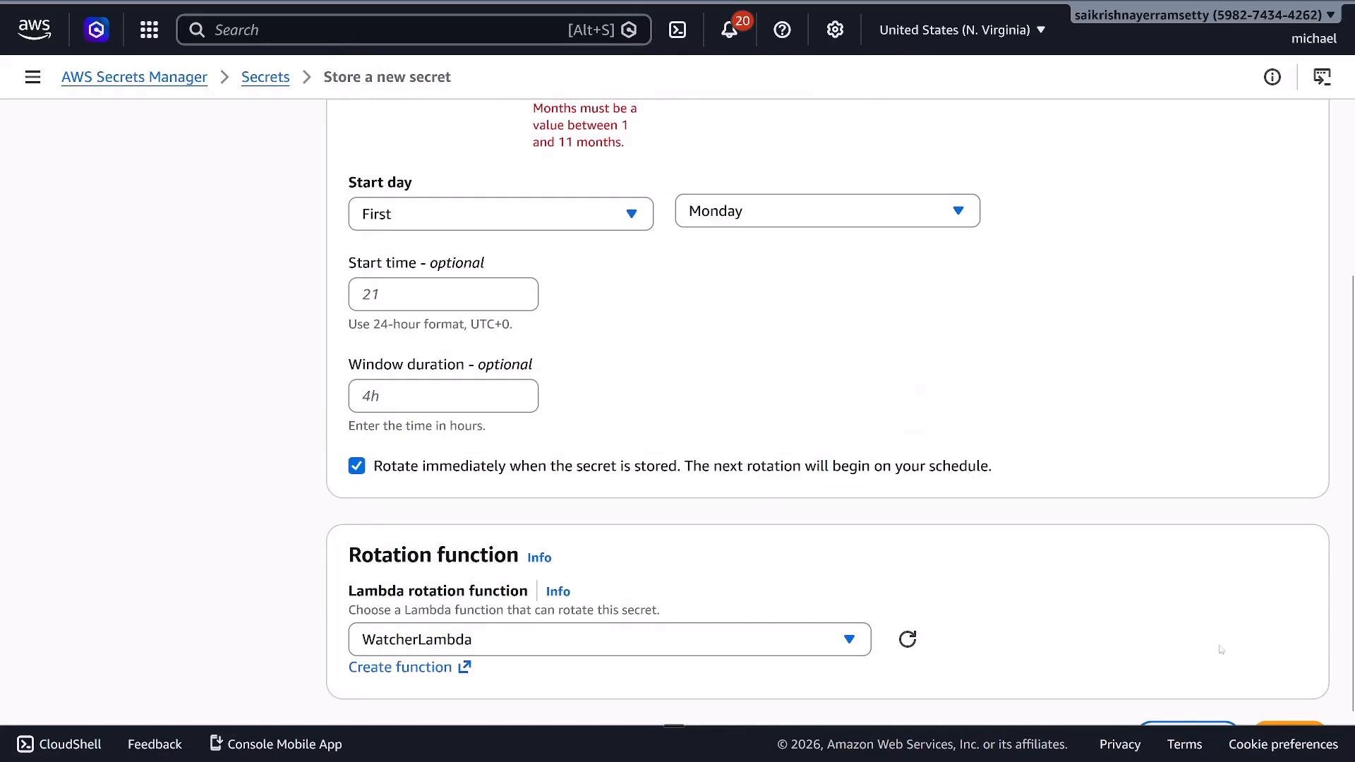 Screenshot of the AWS Secrets Manager "Store a new secret" page showing rotation schedule settings. The Start day is set to "First Monday" with start time 21 and a 4h window, and the Lambda rotation function "WatcherLambda" is selected.