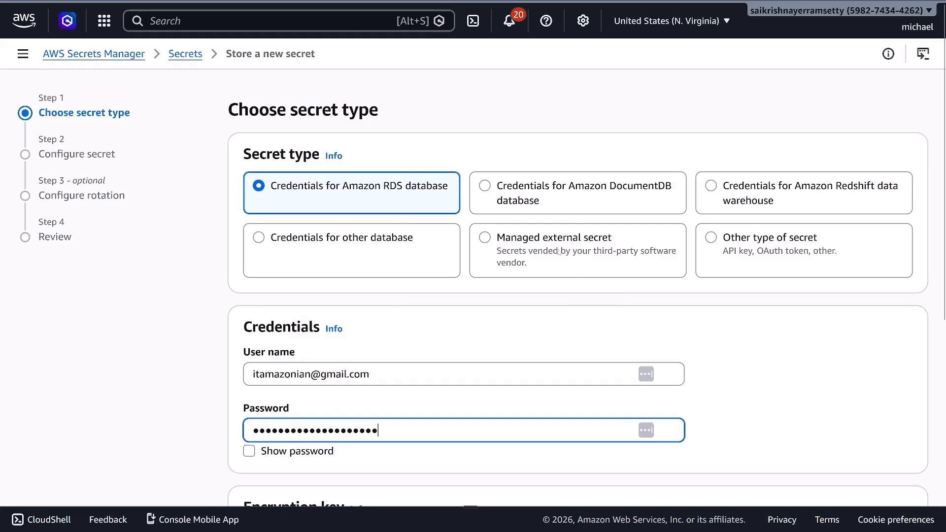 A screenshot of the AWS Secrets Manager "Store a new secret" page showing the "Choose secret type" step with "Credentials for Amazon RDS database" selected, and credential fields (username and a masked password) displayed.