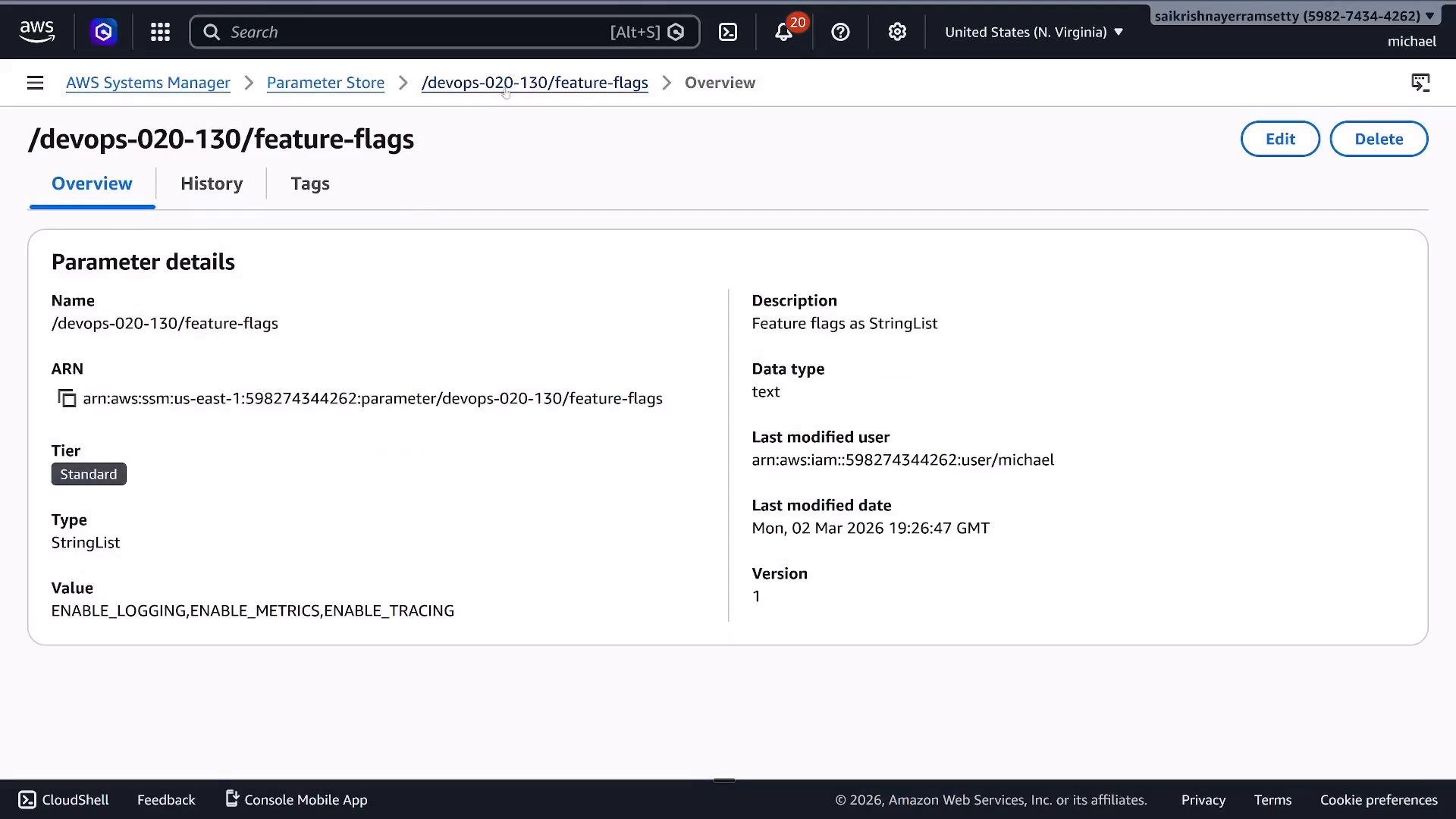A screenshot of the AWS Systems Manager Parameter Store showing the parameter /devops-020-130/feature-flags with details (ARN, tier Standard, type StringList) and value ENABLE_LOGGING,ENABLE_METRICS,ENABLE_TRACING. The page also displays last-modified info and Edit/Delete buttons.