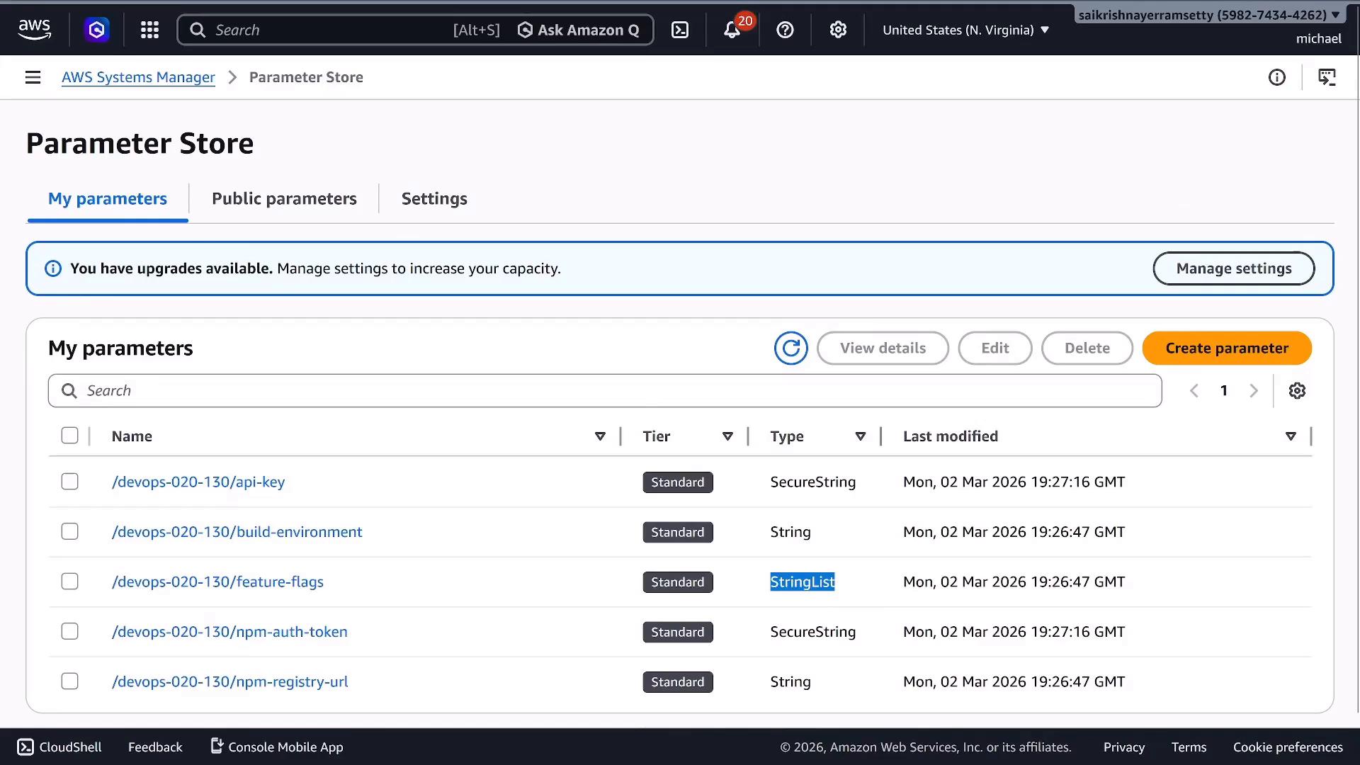 A screenshot of the AWS Systems Manager Parameter Store console showing the "My parameters" list with entries like /devops-020-130/api-key, their types (SecureString, String, StringList), tiers and last-modified timestamps. The top bar shows console controls and buttons such as "Create parameter" and "Manage settings."