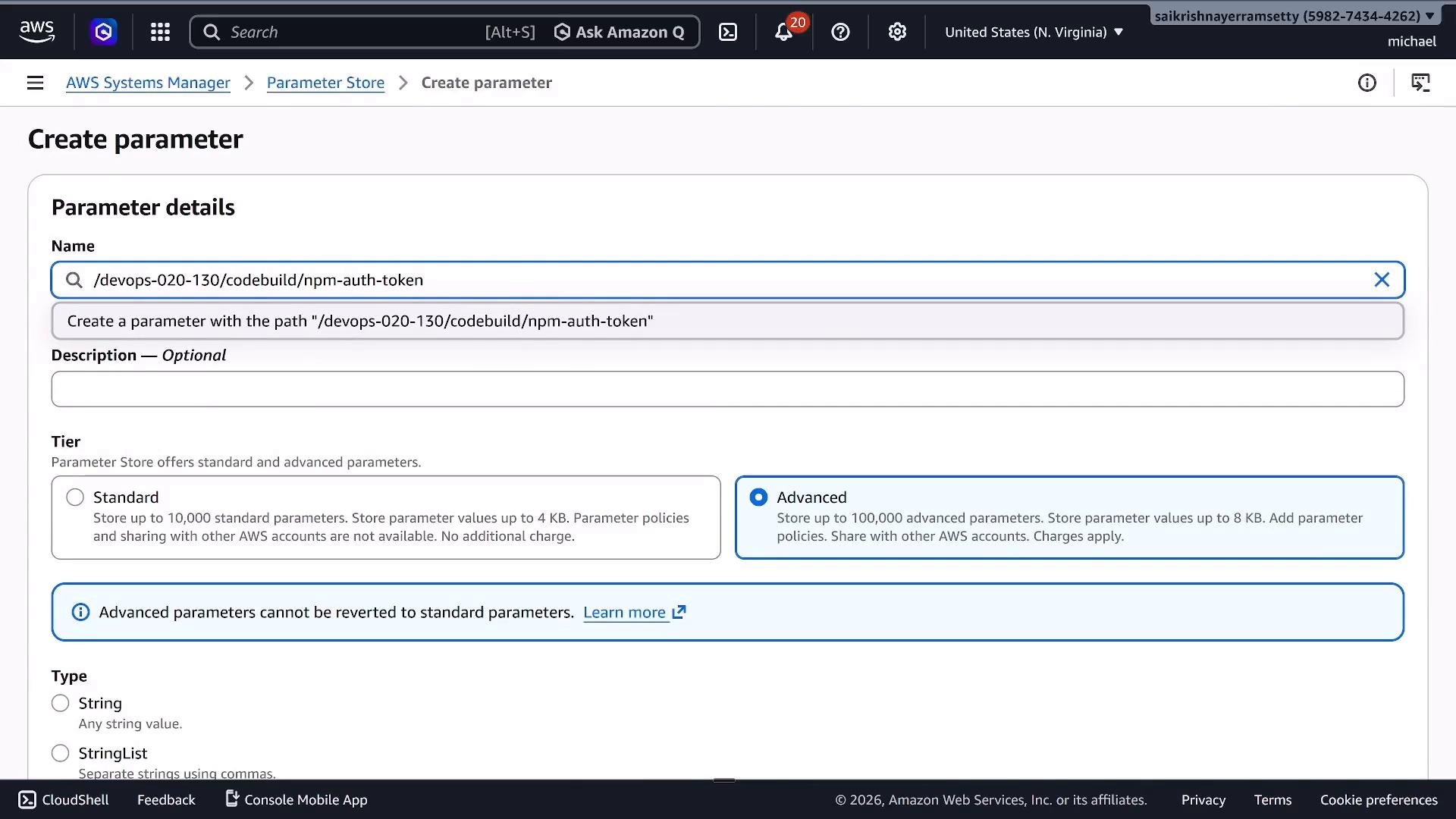Screenshot of the AWS Systems Manager Parameter Store "Create parameter" form showing the Name field filled with "/devops-020-130/codebuild/npm-auth-token" and the Advanced tier selected. The Description, Tier and Type options are also visible on the page.