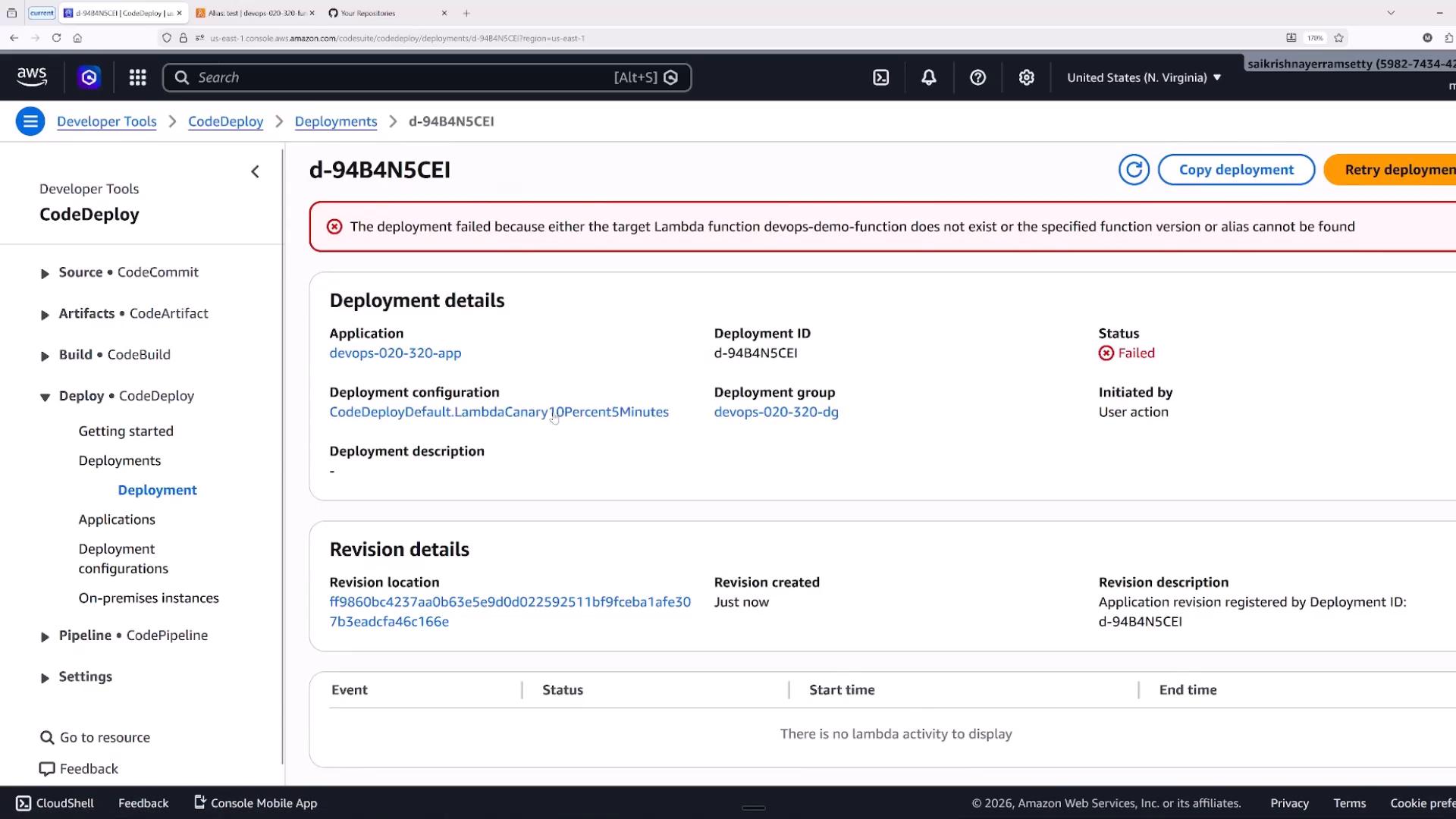 A screenshot of the AWS CodeDeploy console showing deployment d-94B4N5CEI failed. A red error banner states the target Lambda function "devops-demo-function" or the specified version/alias cannot be found, and the Deployment details show status "Failed."
