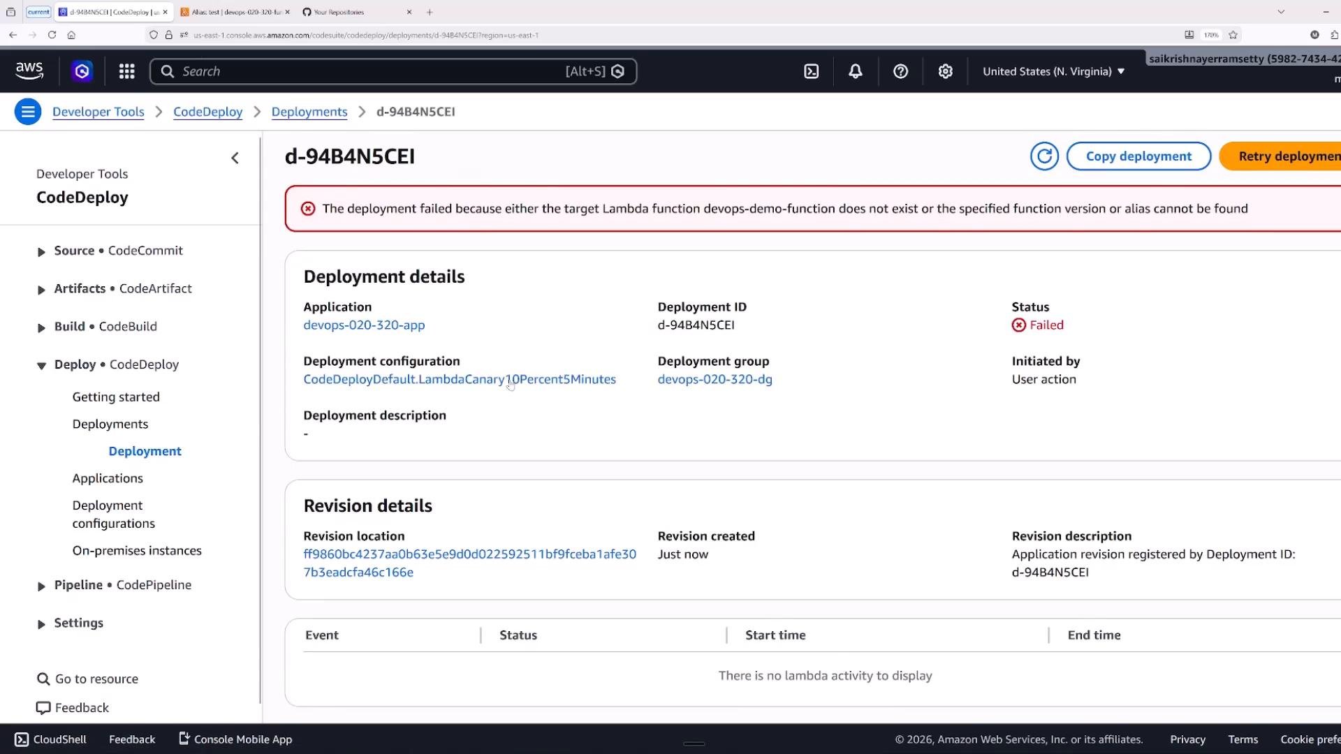A screenshot of the AWS CodeDeploy console showing deployment d-94B4N5CEI failed. A red error banner states the target Lambda function "devops-demo-function" or the specified version/alias cannot be found, and the Deployment details show status "Failed."